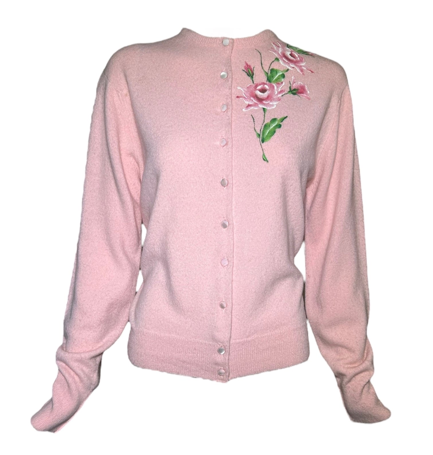 1950s Schiaparelli Pink Cashmere Hand Painted Floral Sweater FRONT PHOTO 1 OF 7