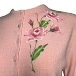 1950s Schiaparelli Pink Cashmere Hand Painted Floral Sweater FLOWER DETAIL PHOTO 2 OF 7