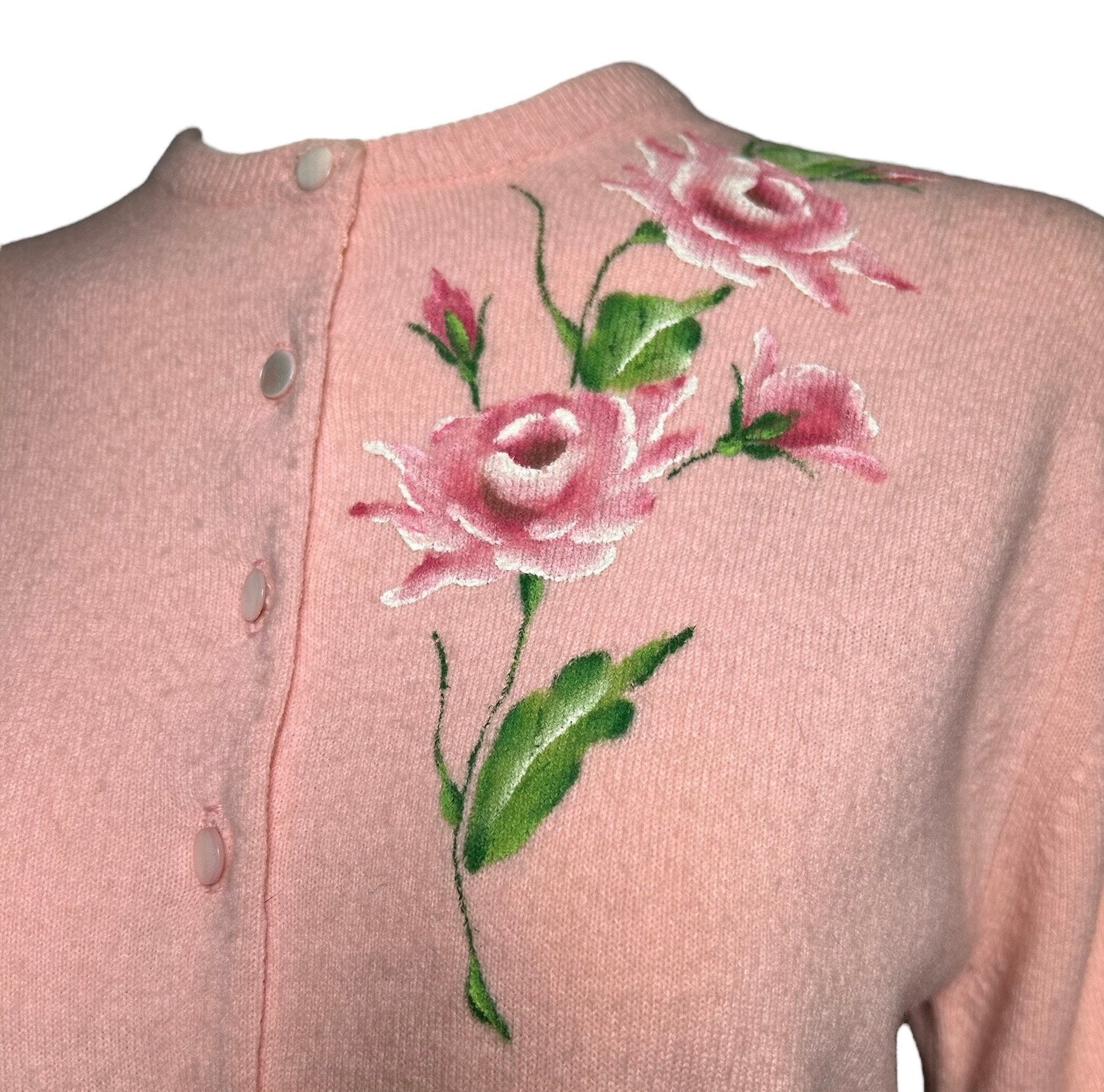 1950s Schiaparelli Pink Cashmere Hand Painted Floral Sweater FLOWER DETAIL PHOTO 2 OF 7