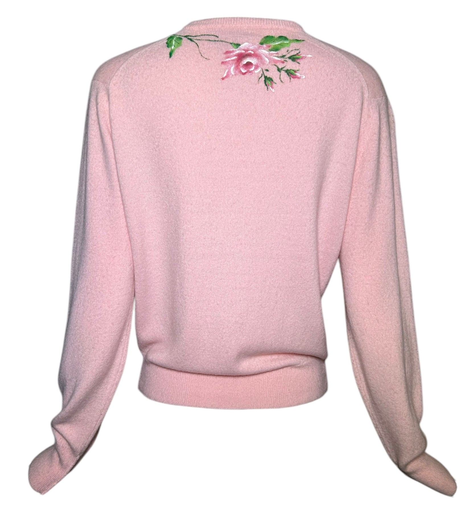 1950s Schiaparelli Pink Cashmere Hand Painted Floral Sweater BACK PHOTO 5 OF 7