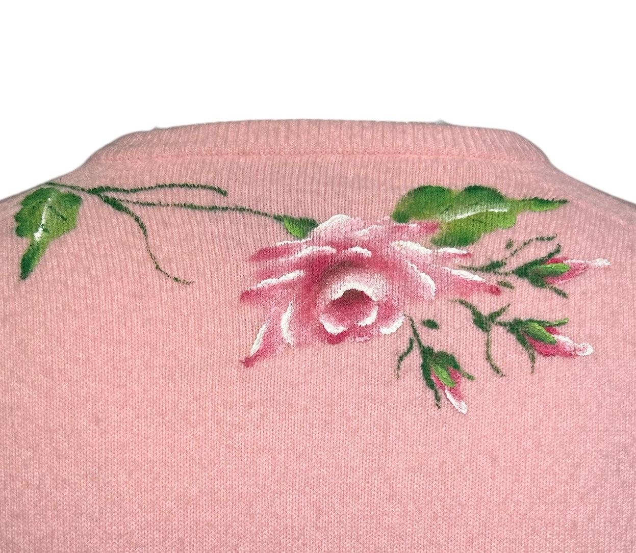 1950s Schiaparelli Pink Cashmere Hand Painted Floral Sweater BACK NECK DETAIL PHOTO 6 OF 7