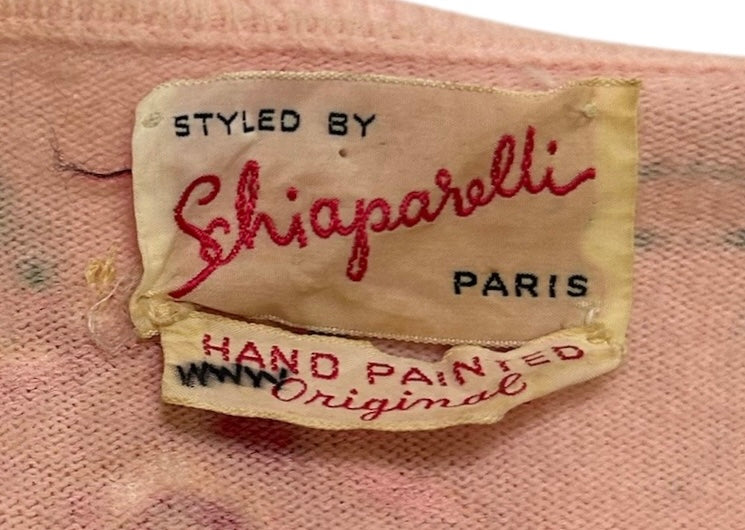 1950s Schiaparelli Pink Cashmere Hand Painted Floral Sweater LABEL PHOTO 7 OF 7