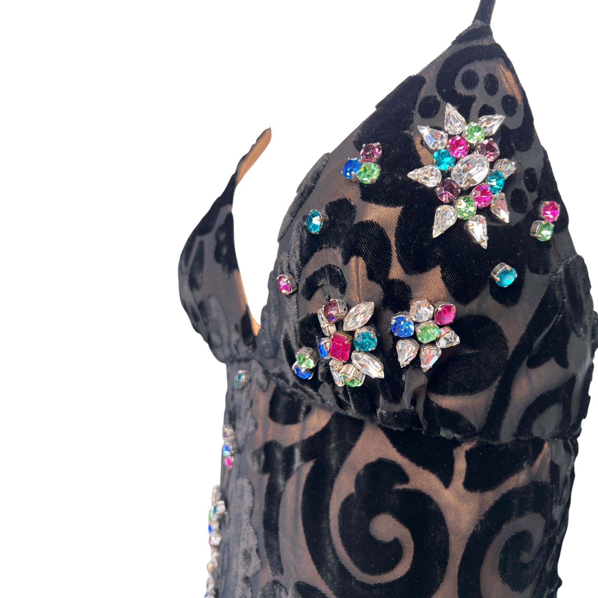 Early Bob Mackie - Elizabeth the First Black Devore Velvet Gown with Crystal Embellishments, bodice side