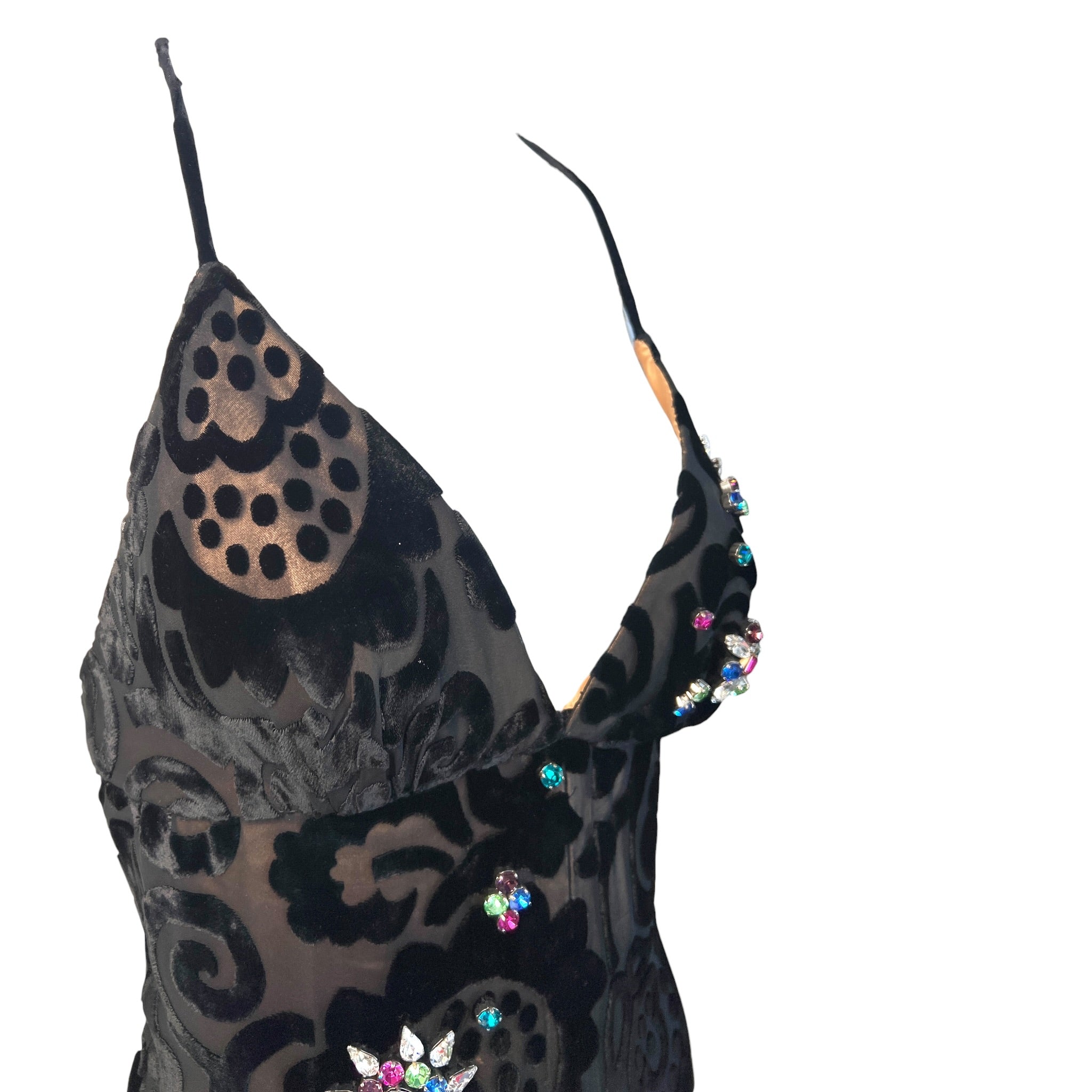 Early Bob Mackie - Elizabeth the First Black Devore Velvet Gown with Crystal Embellishments, bodice