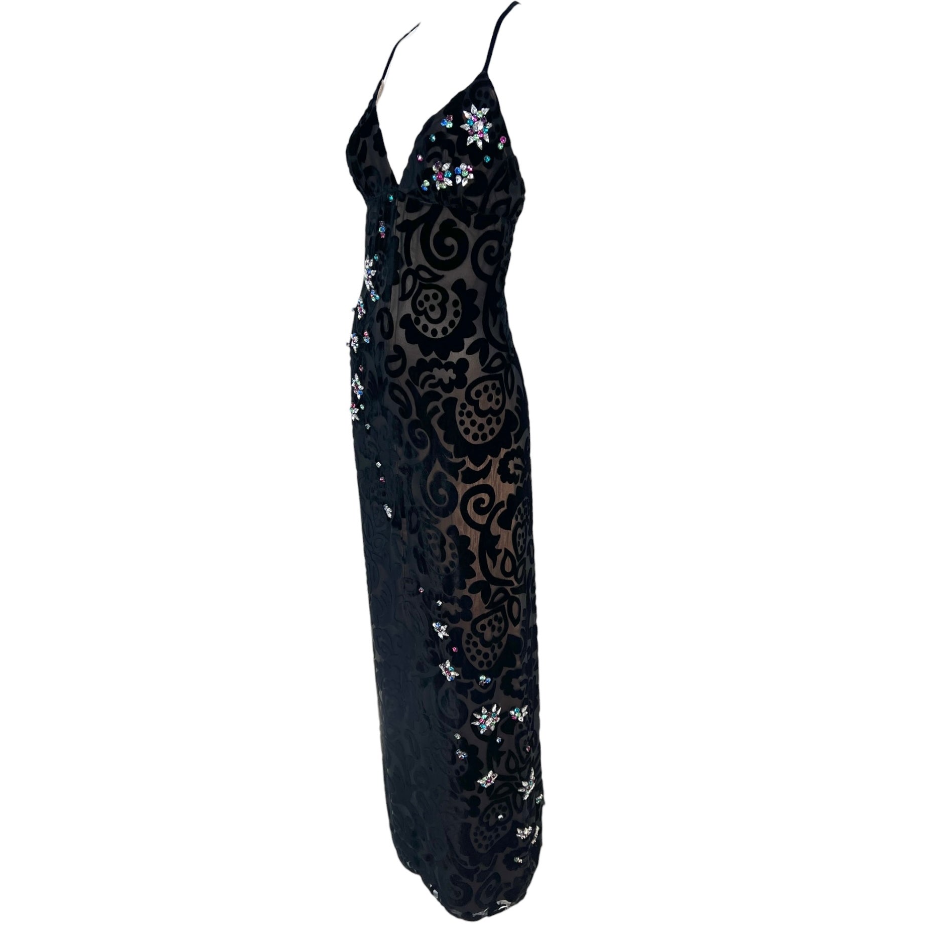 Early Bob Mackie - Elizabeth the First Black Devore Velvet Gown with Crystal Embellishments, slight side