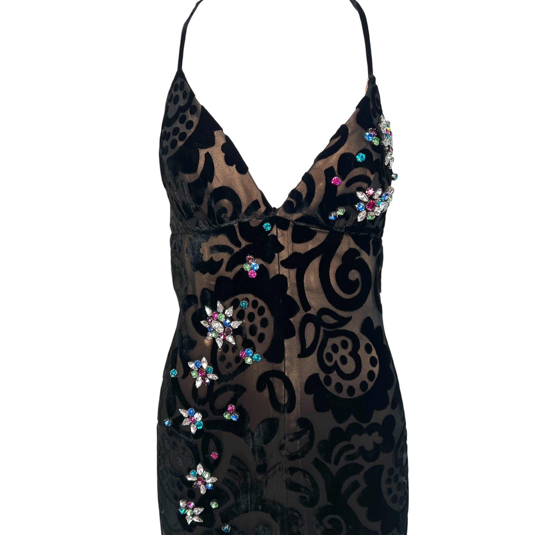 Early Bob Mackie - Elizabeth the First Black Devore Velvet Gown with Crystal Embellishments, TOP HALF