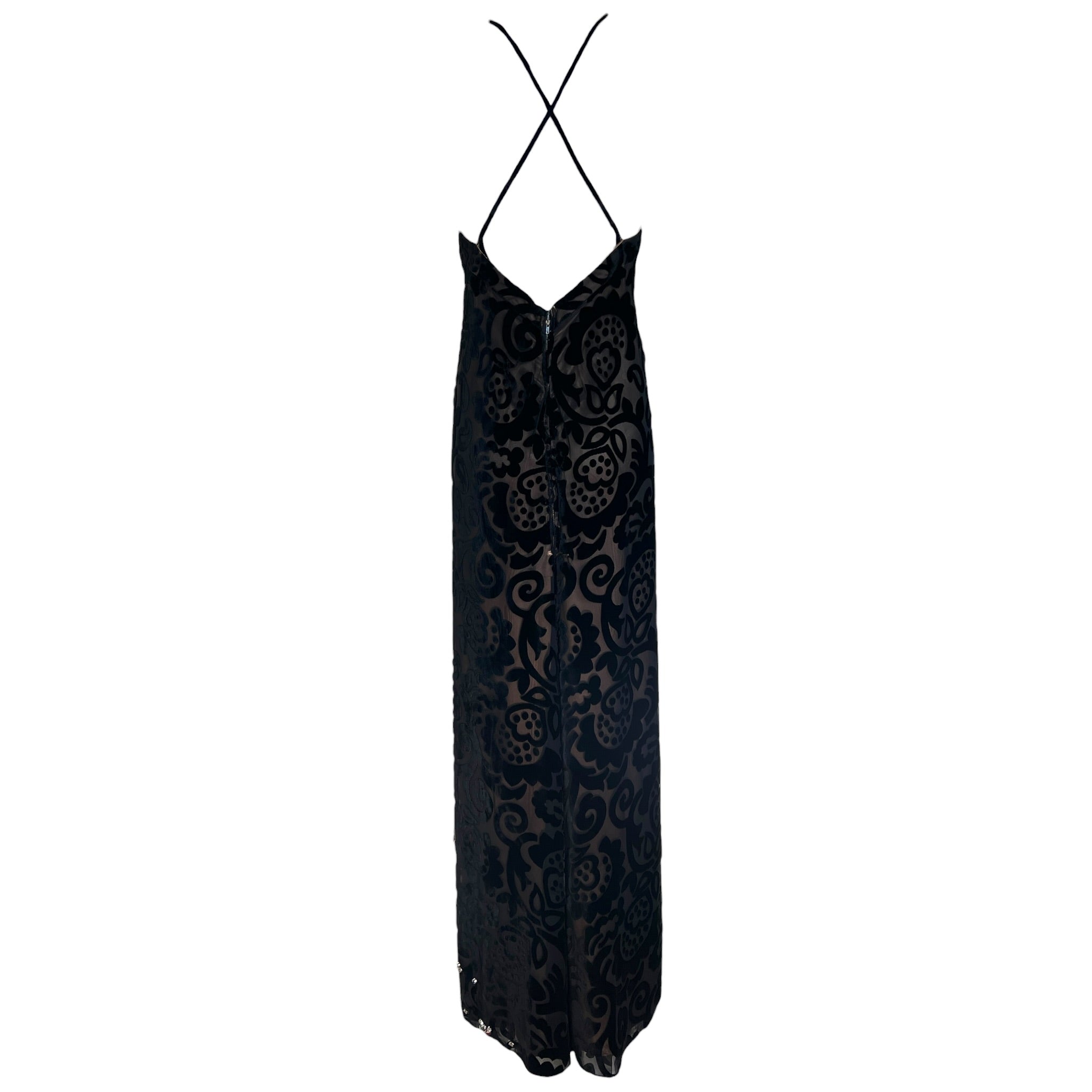 Early Bob Mackie - Elizabeth the First Black Devore Velvet Gown with Crystal Embellishments, back
