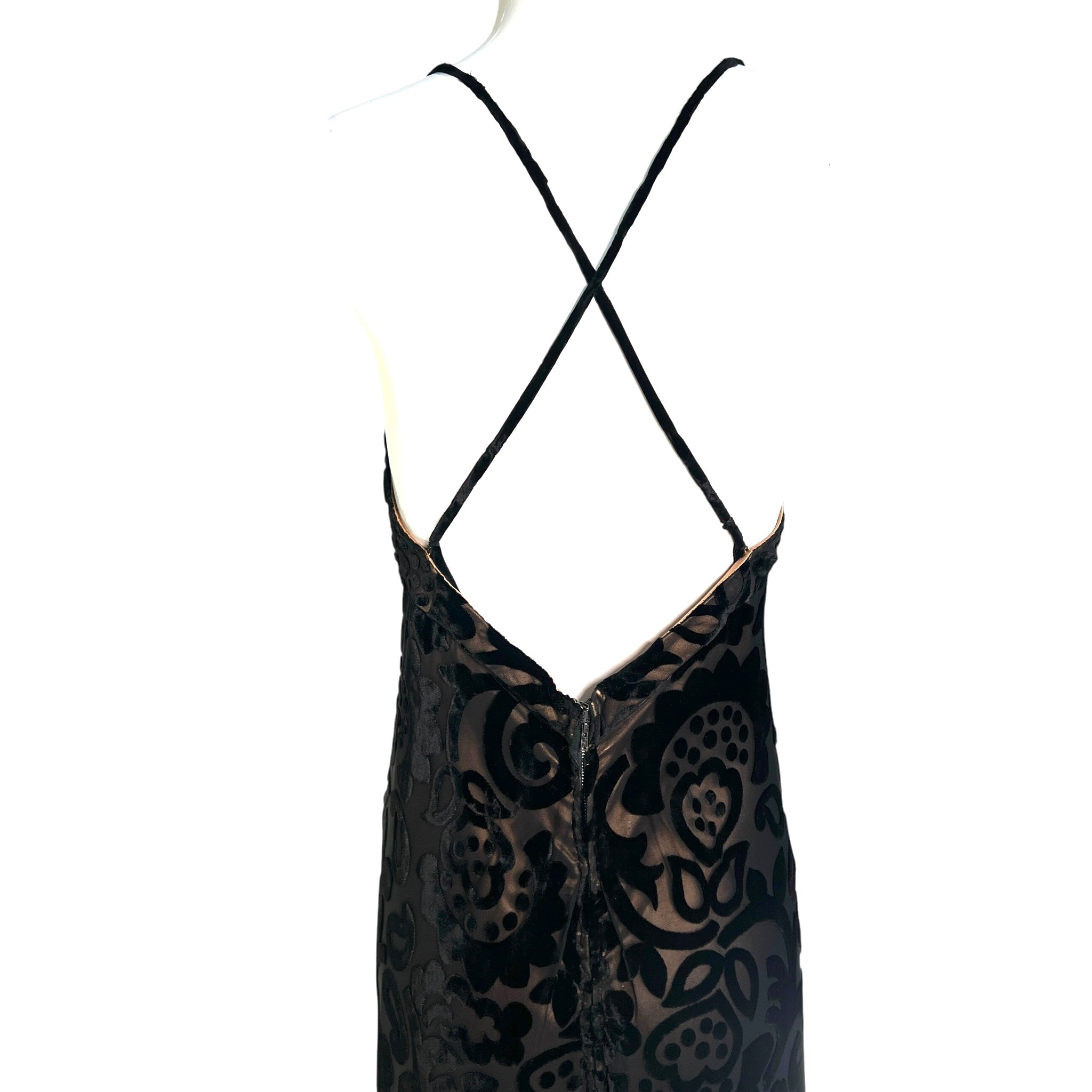Early Bob Mackie - Elizabeth the First Black Devore Velvet Gown with Crystal Embellishments, back strap