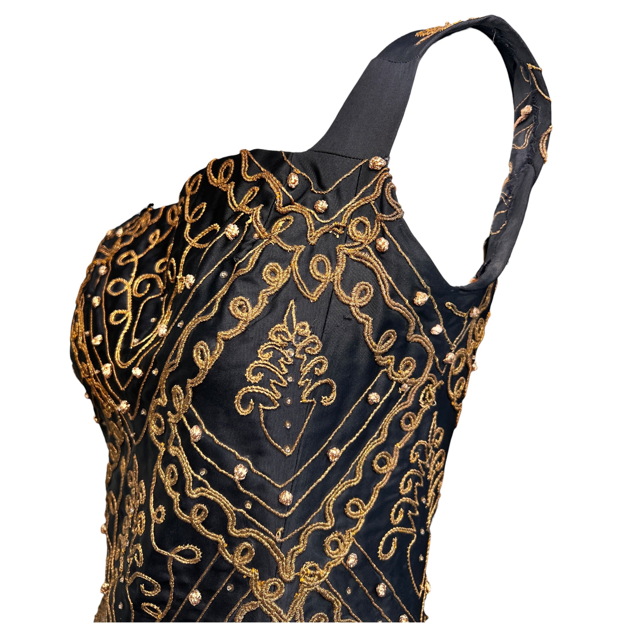 Christian Dior A/W 1954 'Mexique' Embellished Black Faille H Line Dress, bodice side 2