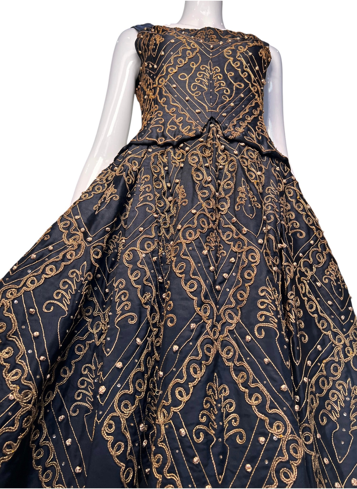 Christian Dior A/W 1954 'Mexique' Embellished Black Faille H Line Dress, looking up