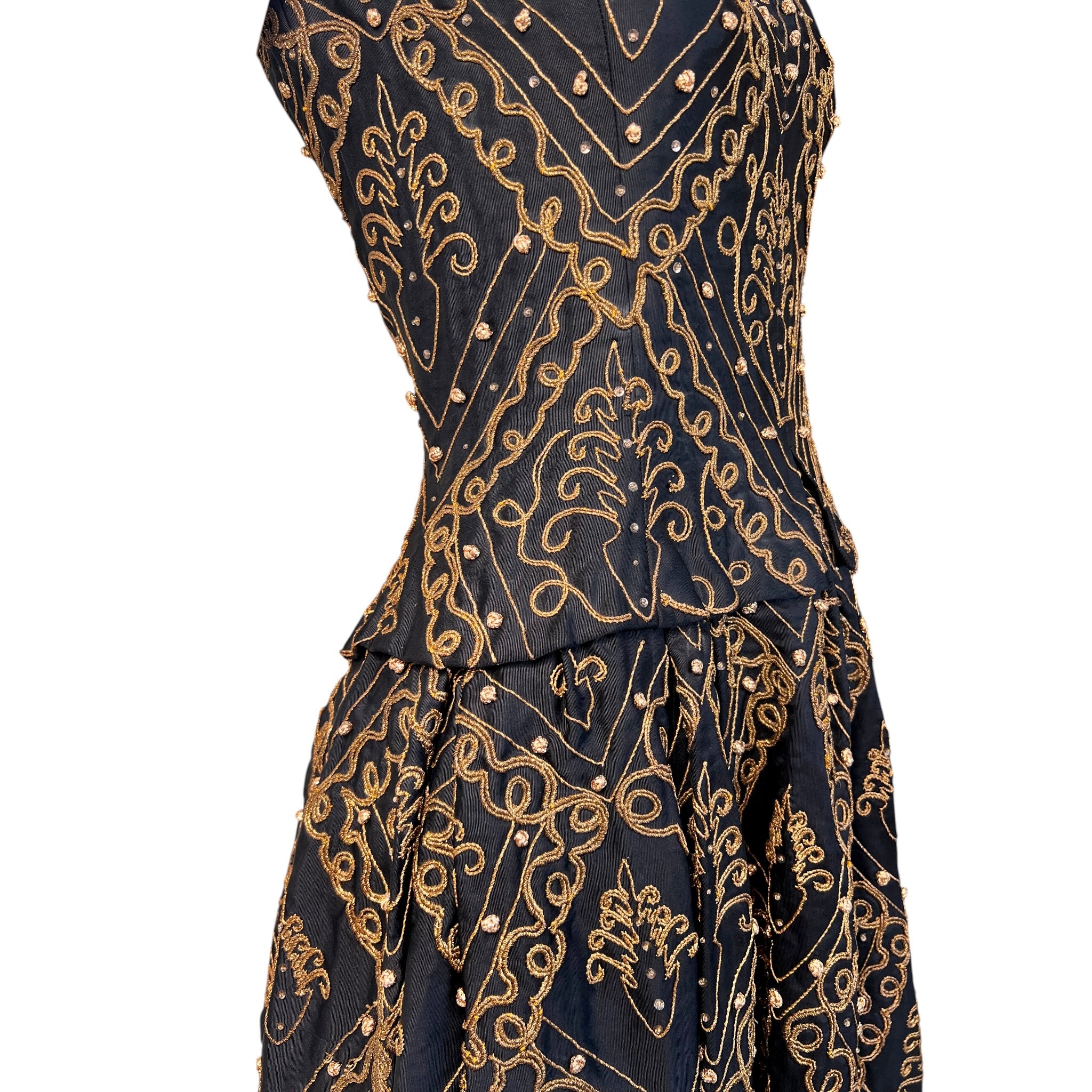 Christian Dior A/W 1954 'Mexique' Embellished Black Faille H Line Dress, midriff side