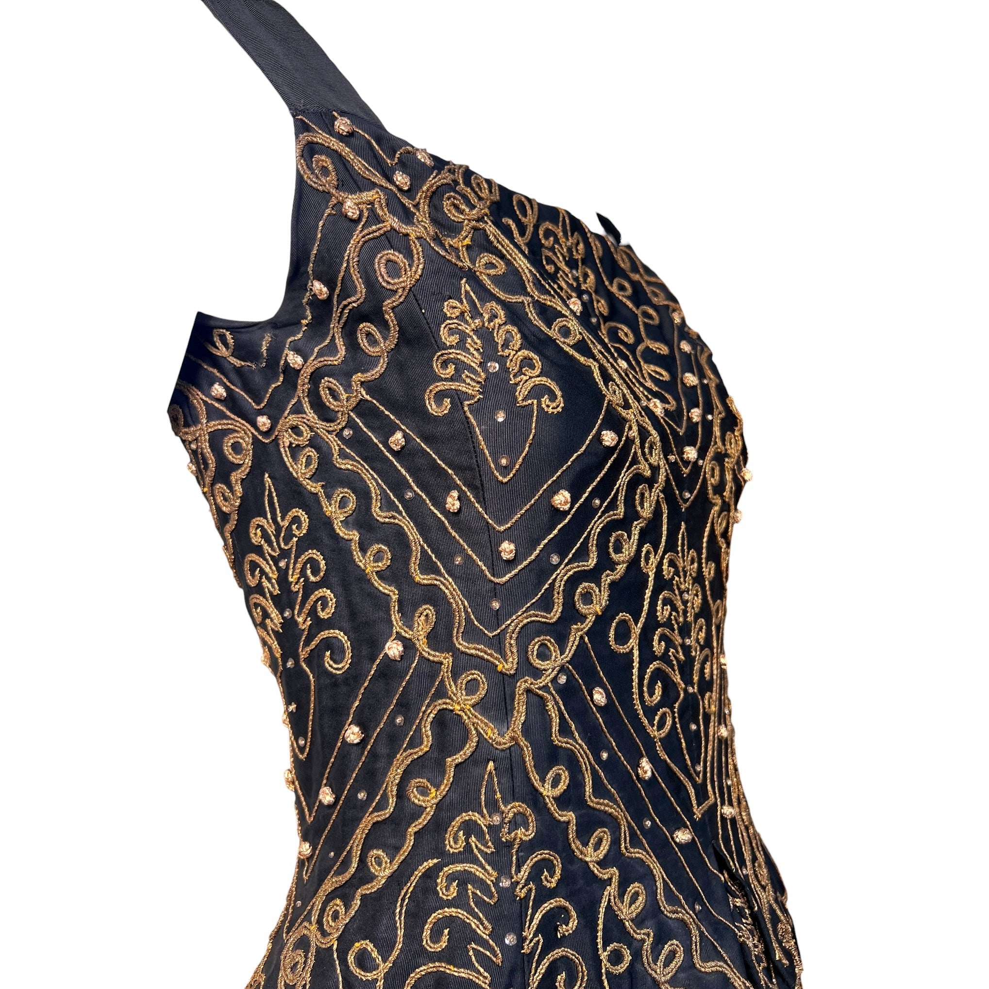 Christian Dior A/W 1954 'Mexique' Embellished Black Faille H Line Dress, bodice side
