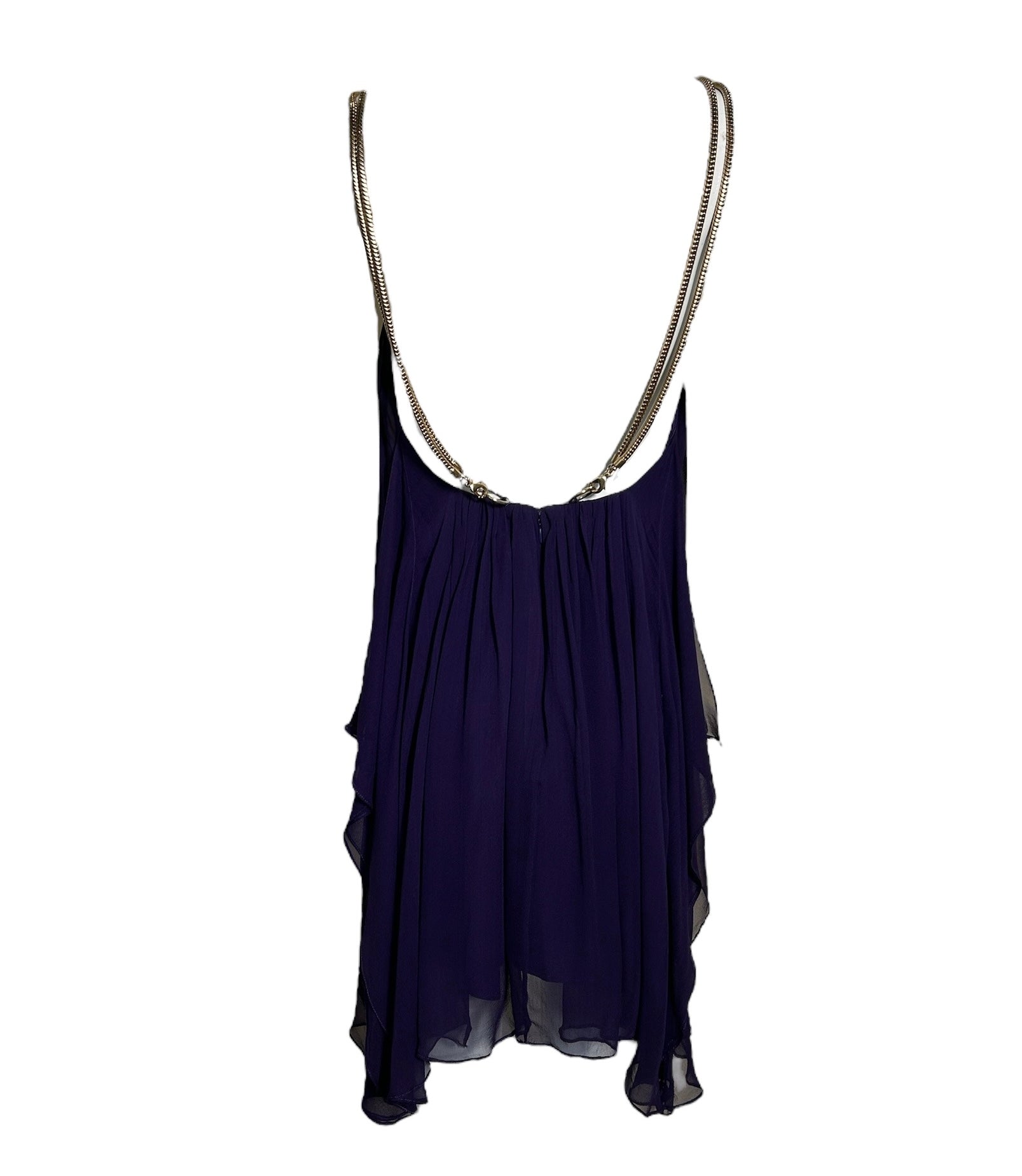 Thomas Wylde Purple Chiffon Micro Dress with Golden Chain Straps, back