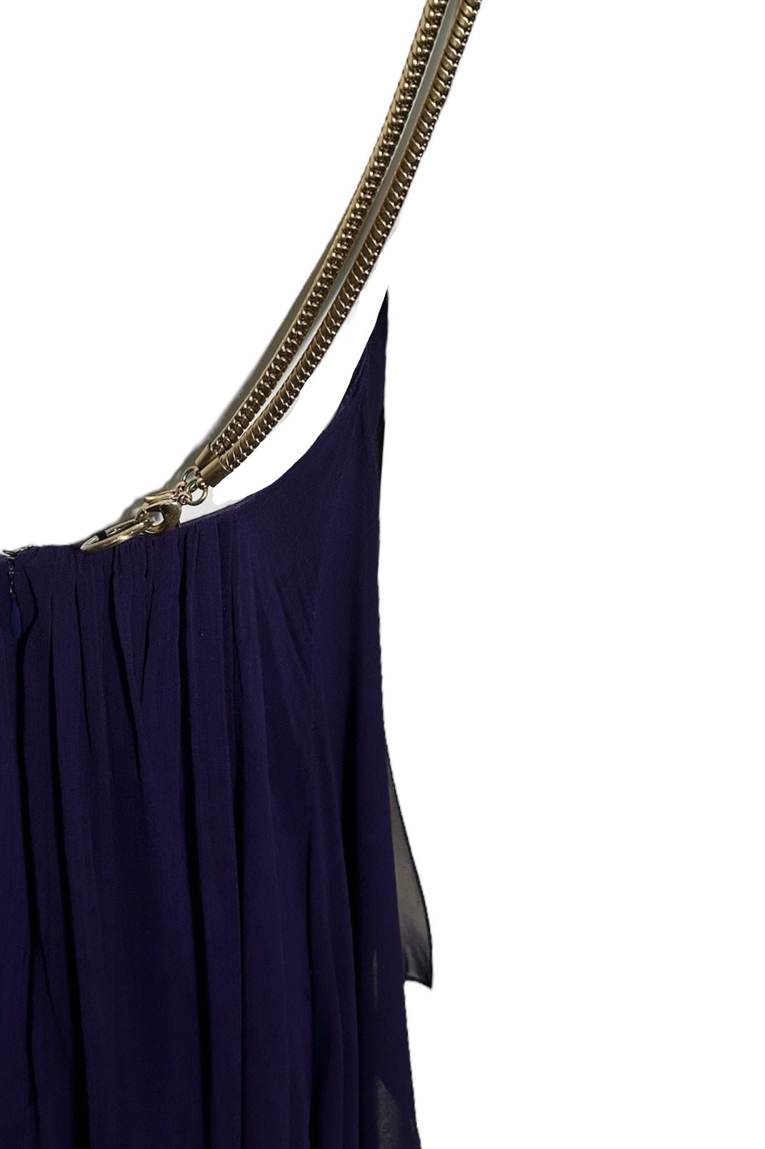 Thomas Wylde Purple Chiffon Micro Dress with Golden Chain Straps DETAIL STRAP SIDE PHOTO 5 OF 7