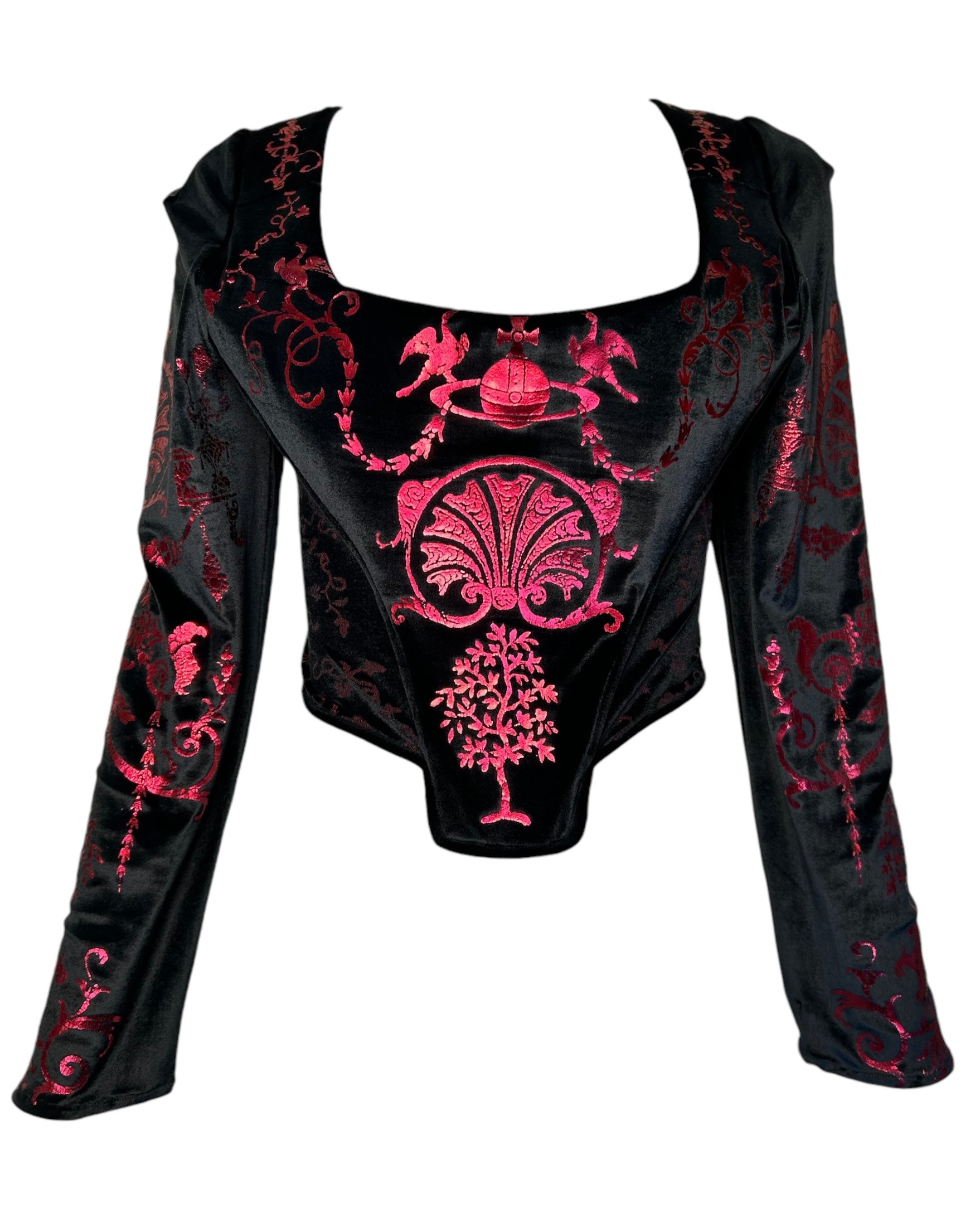 Vivienne Westwood 1992 'Salon' Black Corset Top with Red Metallic Boulle Foil Print FRONT PHOTO 1 OF 11 