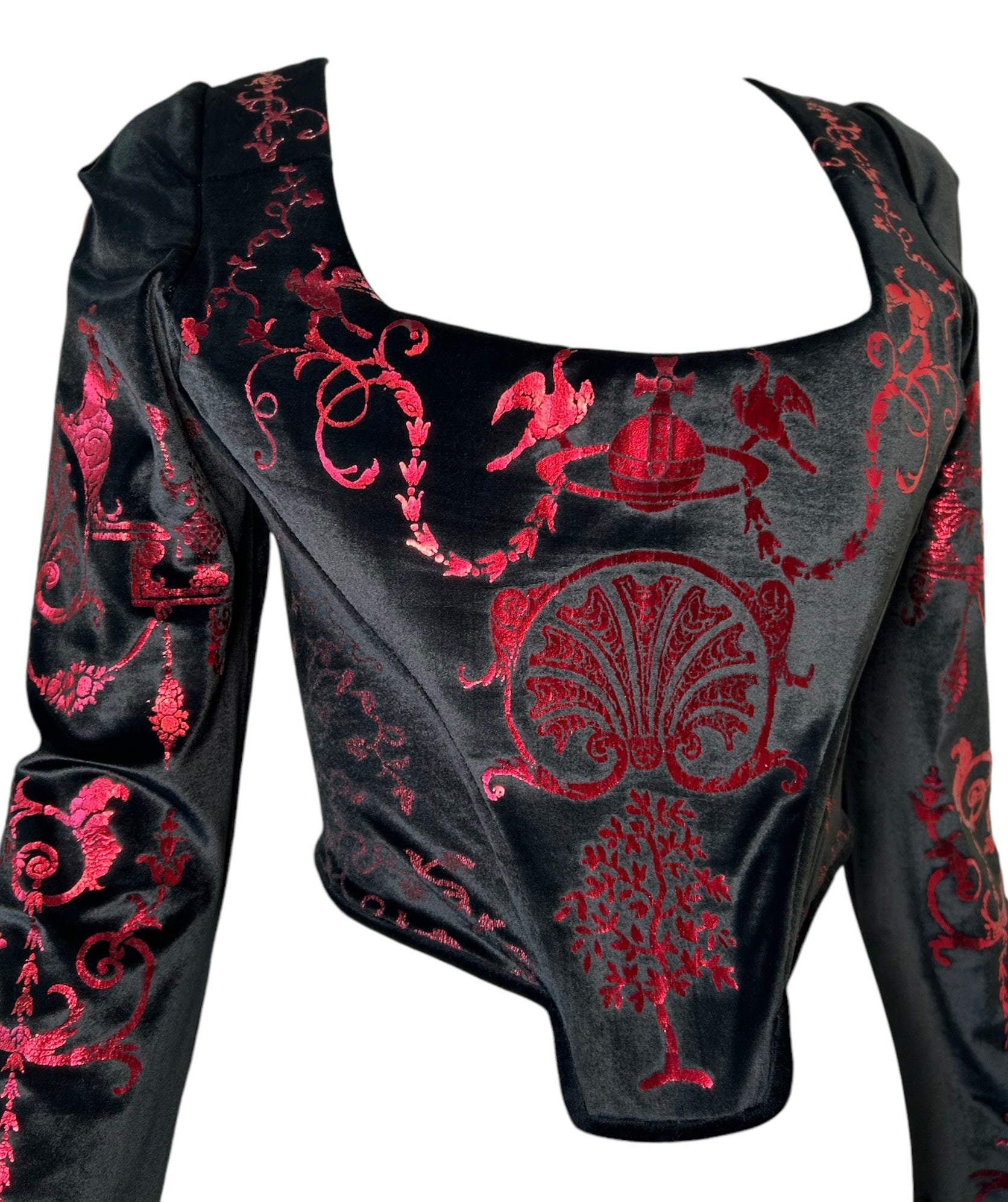 Vivienne Westwood 1992 'Salon' Black Corset Top with Red Metallic Boulle Foil Print PROFILE PHOTO 2 OF 11