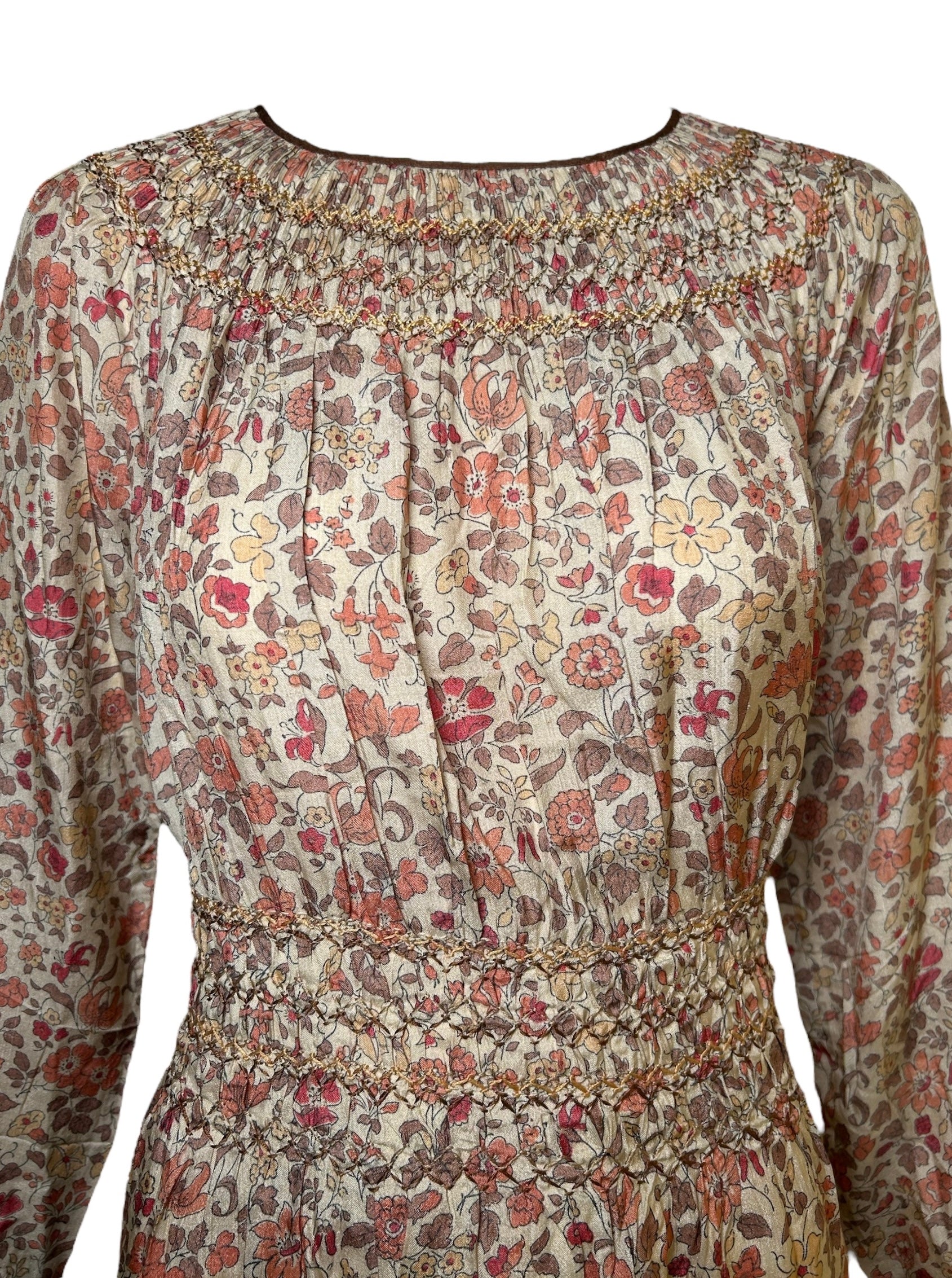 Liberty & Co 1970s Block Print Floral Dress DETAIL FRONT PHOTO 2 OF 8