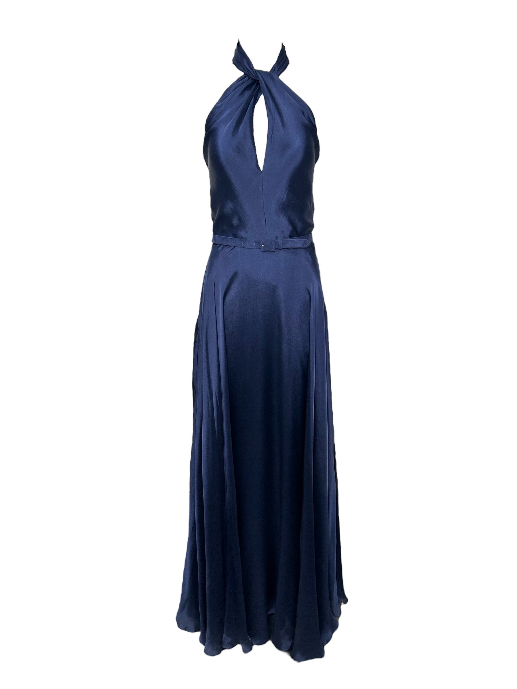 Ralph Lauren Navy Cross Halter Silk Gown FRONT PHOTO 1 OF 6