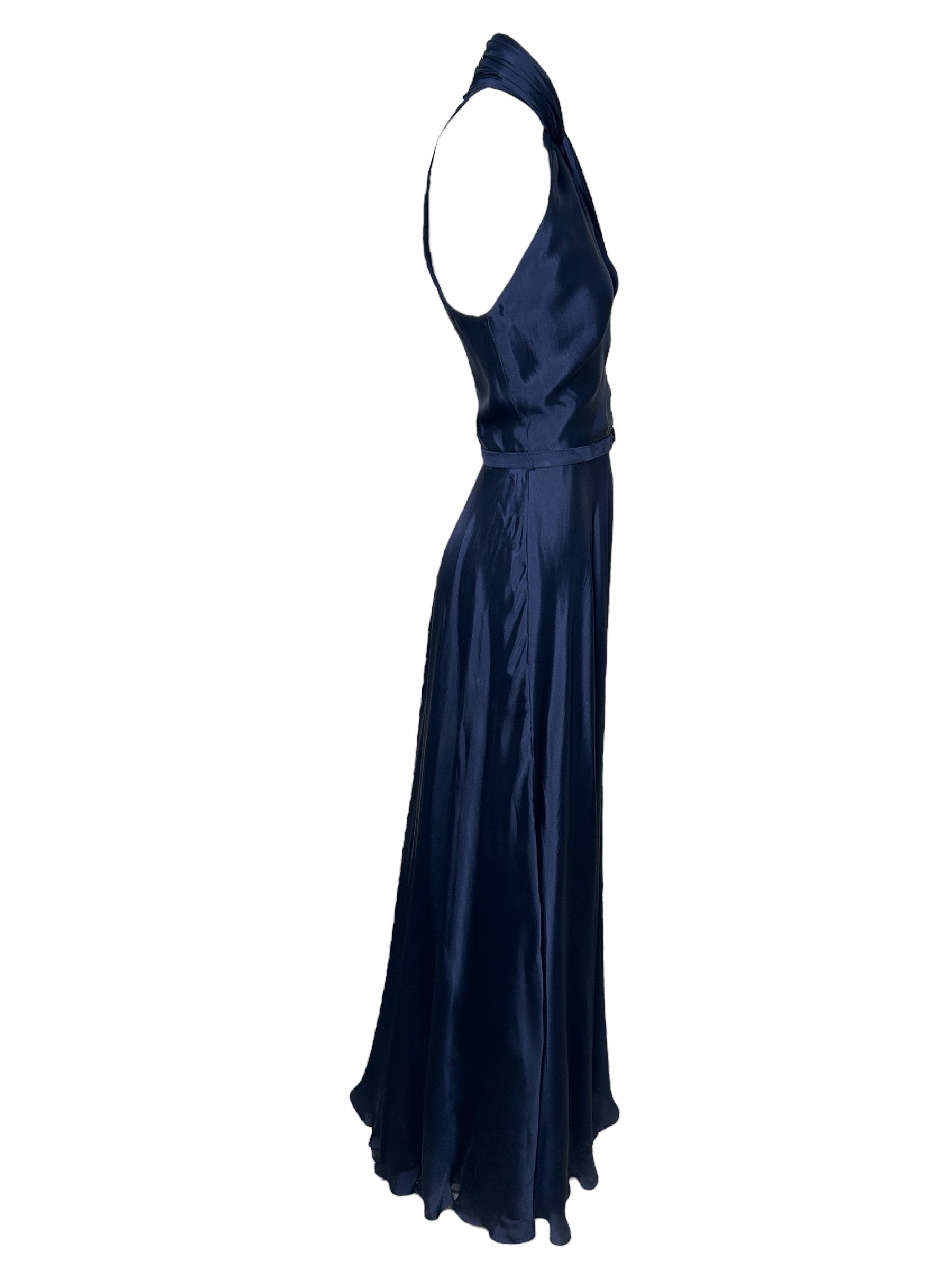 Ralph Lauren Navy Cross Halter Silk Gown SIDE PHOTO 3 OF 6