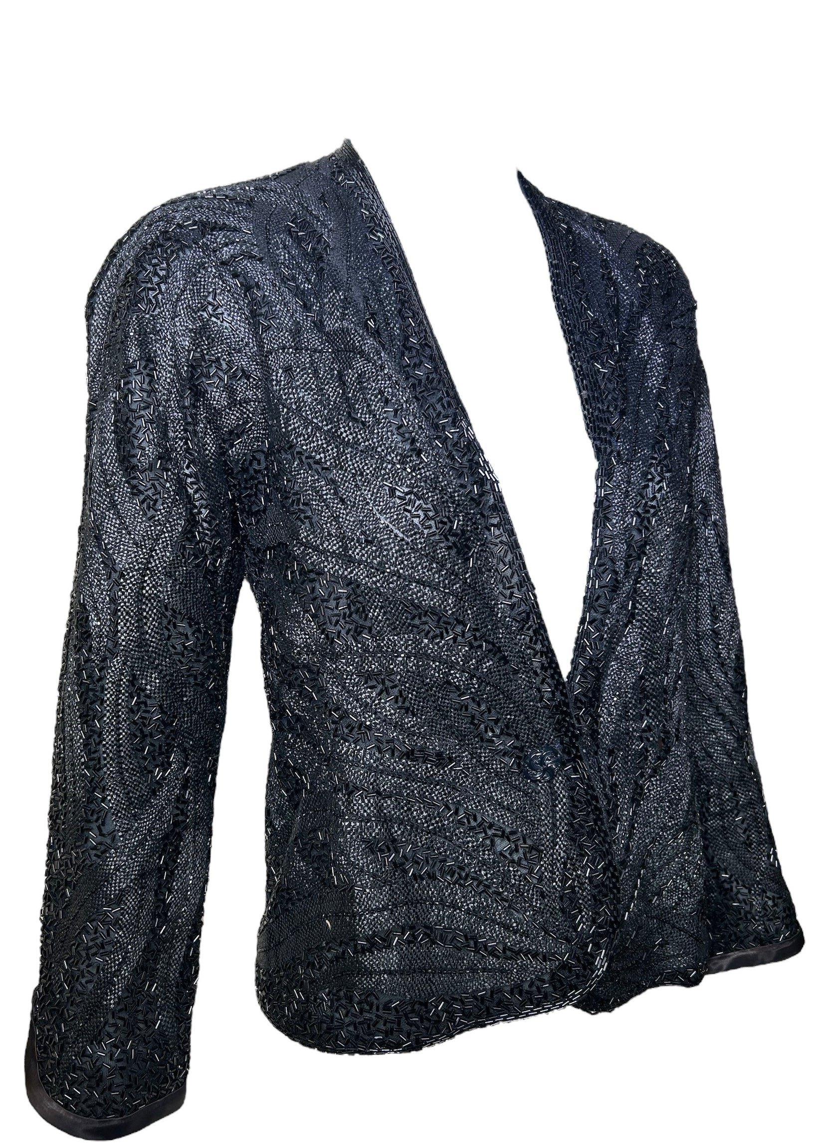 Halston 70s Black Feather Motif Beaded Jacket PROFILE PHOTO 2 OF 9