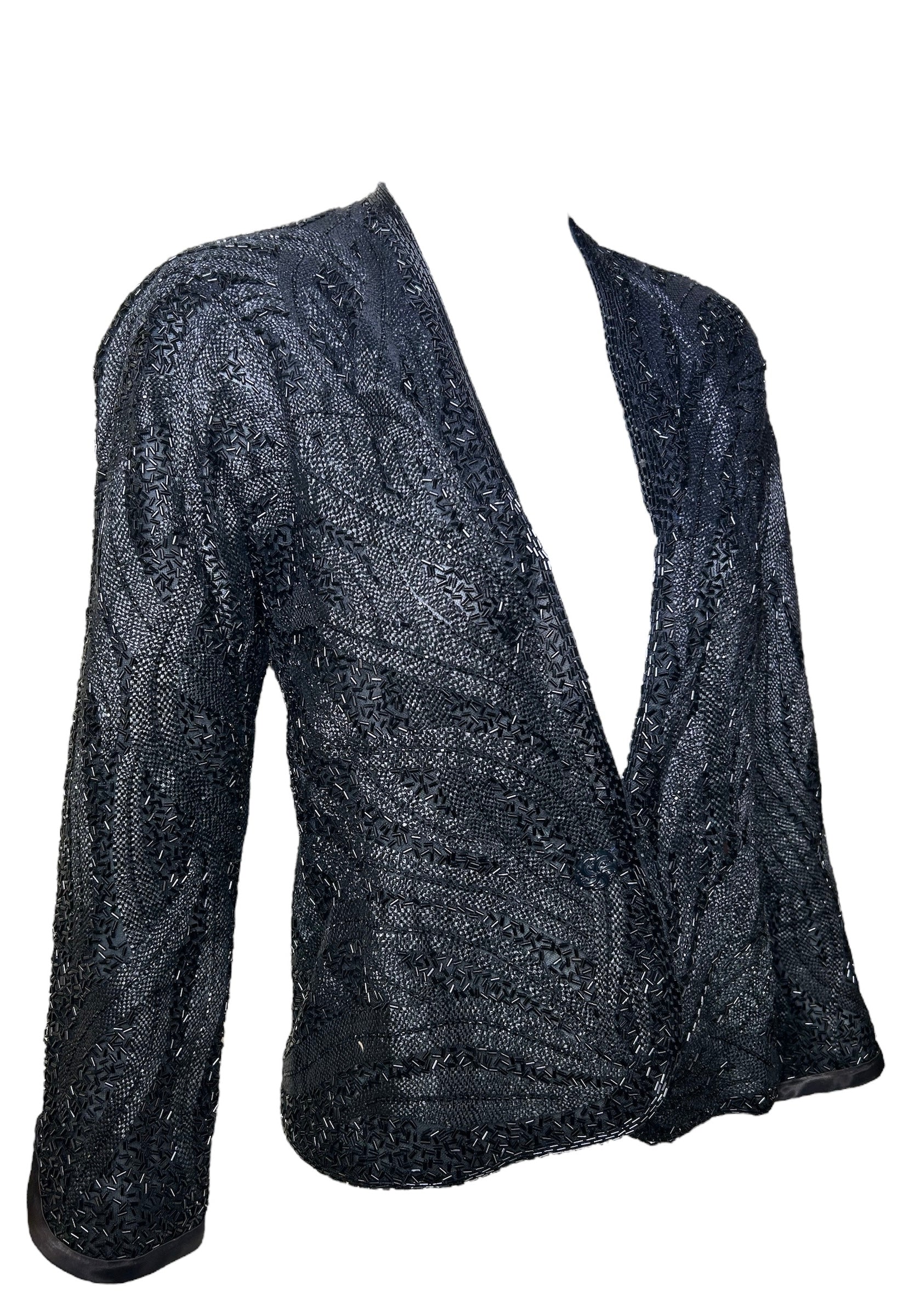 Halston 70s Black Feather Motif Beaded Jacket PROFILE PHOTO 2 OF 9