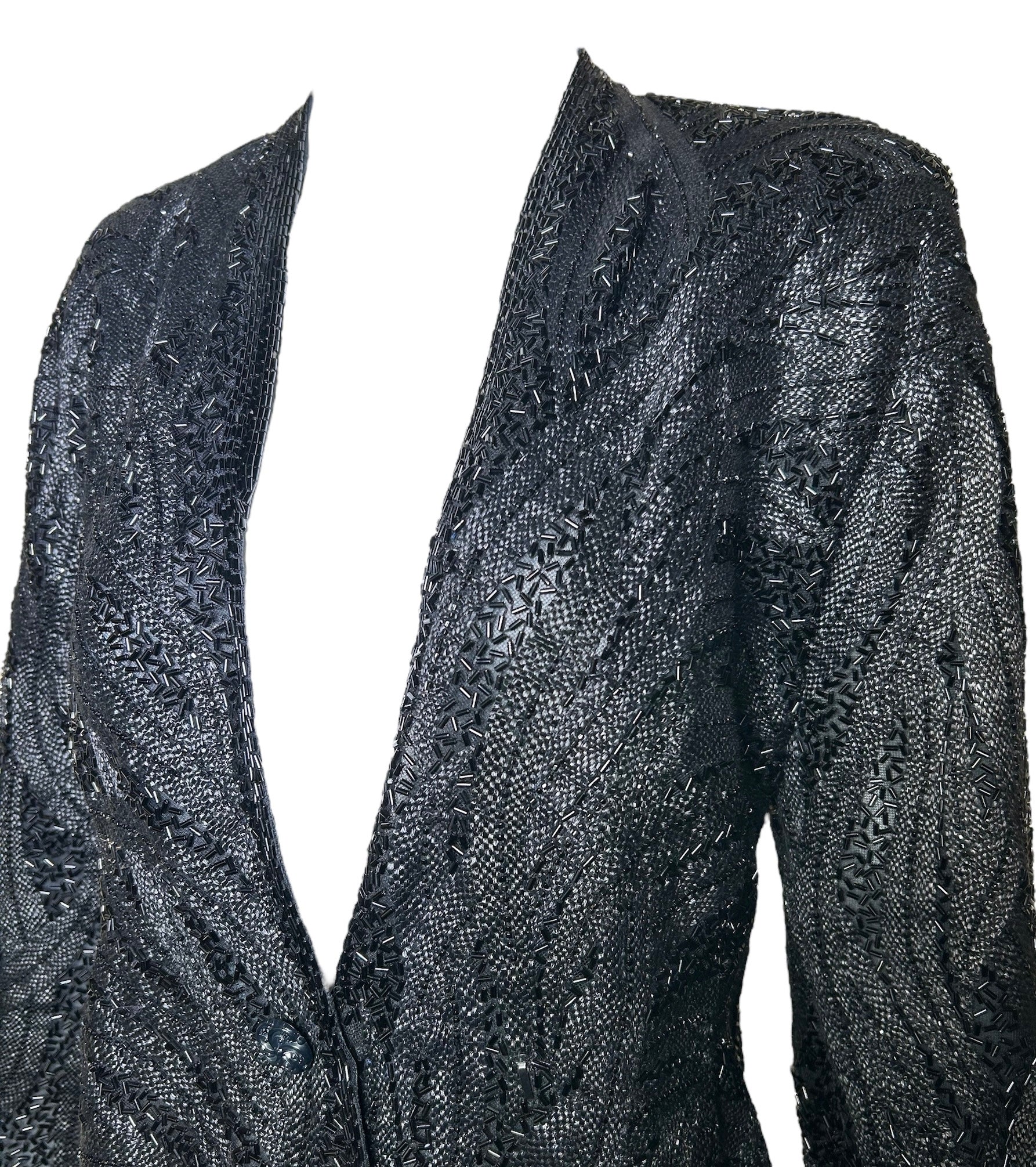 Halston 70s Black Feather Motif Beaded Jacket PROFILE UP CLOSE PHOTO 3 OF 9