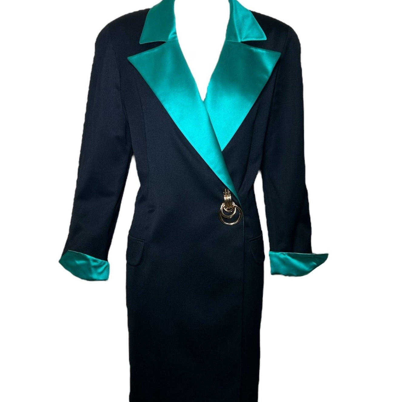 Genny Silk Green Lapel Suit Dress with Golden Detail FRONT PHOTO 1 OF 7