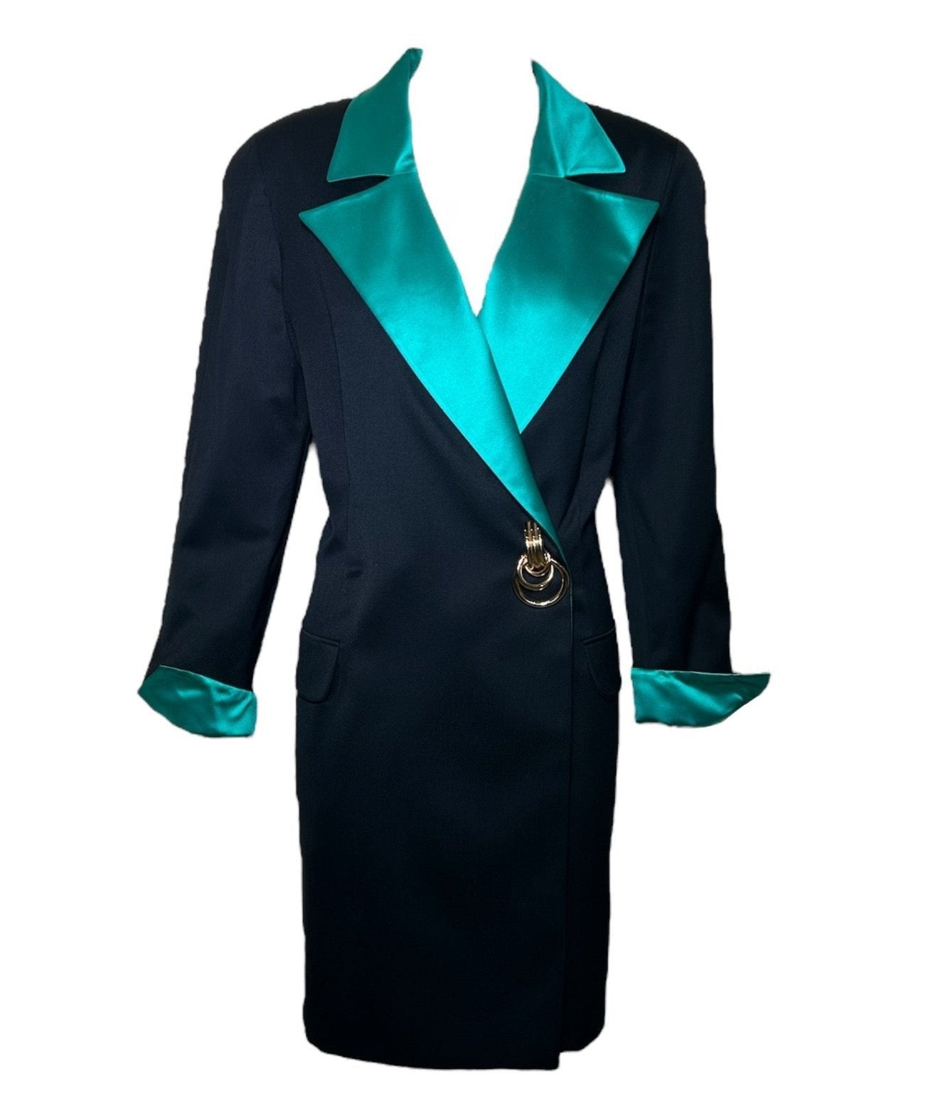 Genny Silk Green Lapel Suit Dress with Golden Detail FRONT PHOTO 1 OF 7