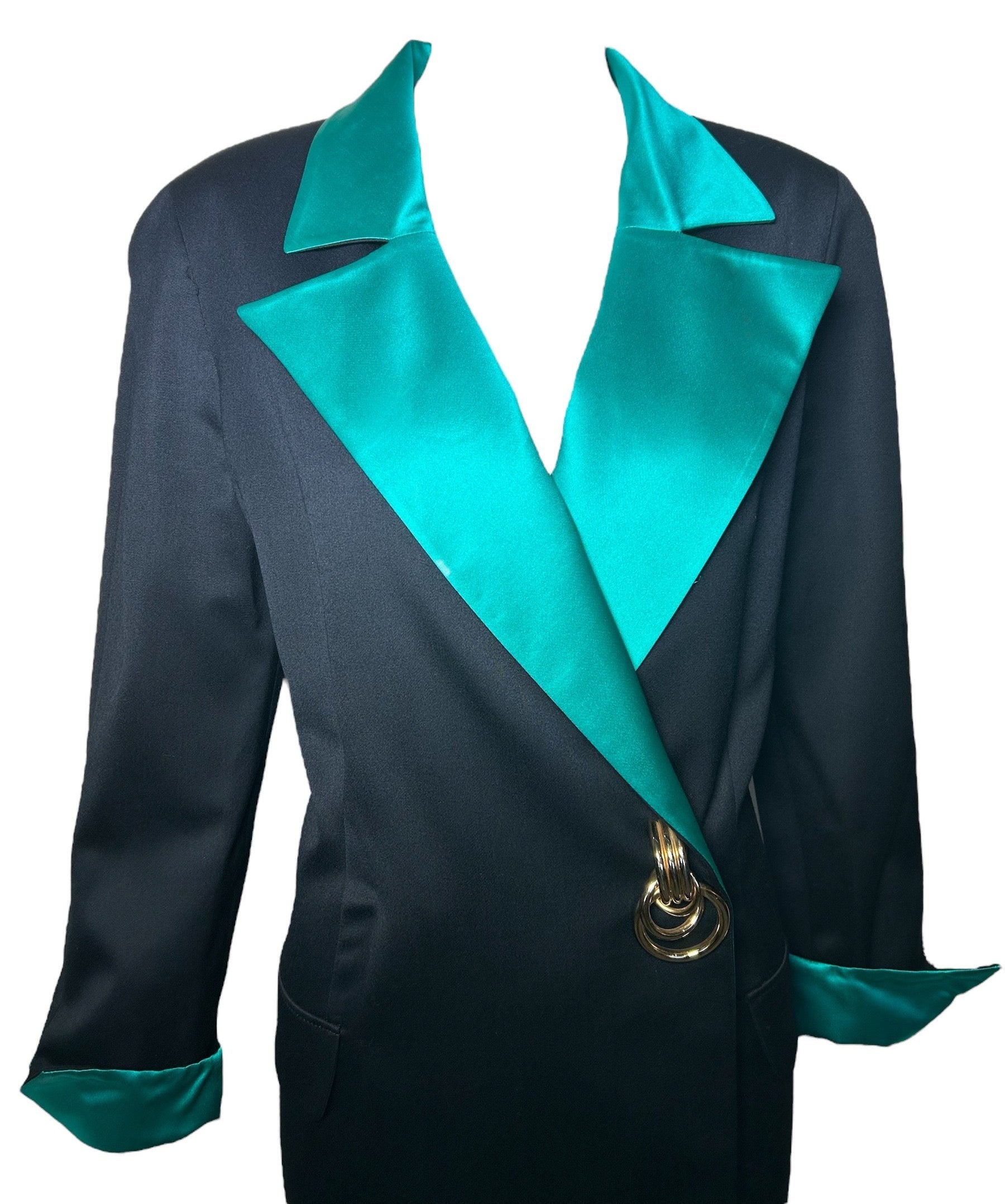 Genny Silk Green Lapel Suit Dress with Golden Detail DETAIL PHOTO 2 OF 7