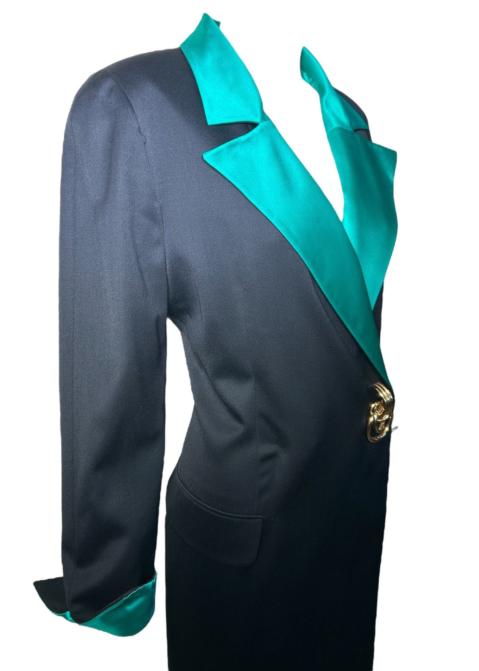 Genny Silk Green Lapel Suit Dress with Golden Detail SIDE PHOTO 3 OF 7