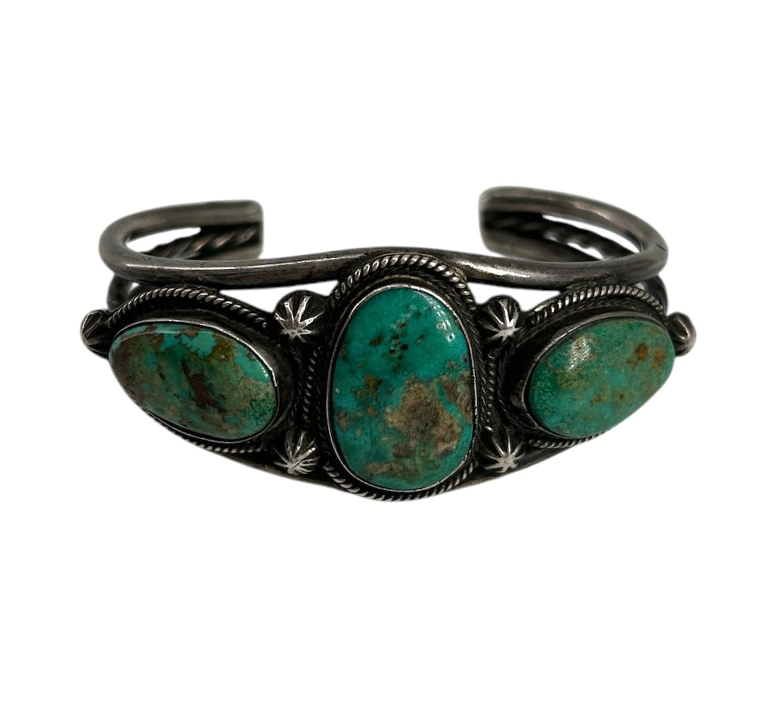 Navajo Three Stone Turquoise Cuff with Starburst Points FRONT PHOTO 1 OF 5