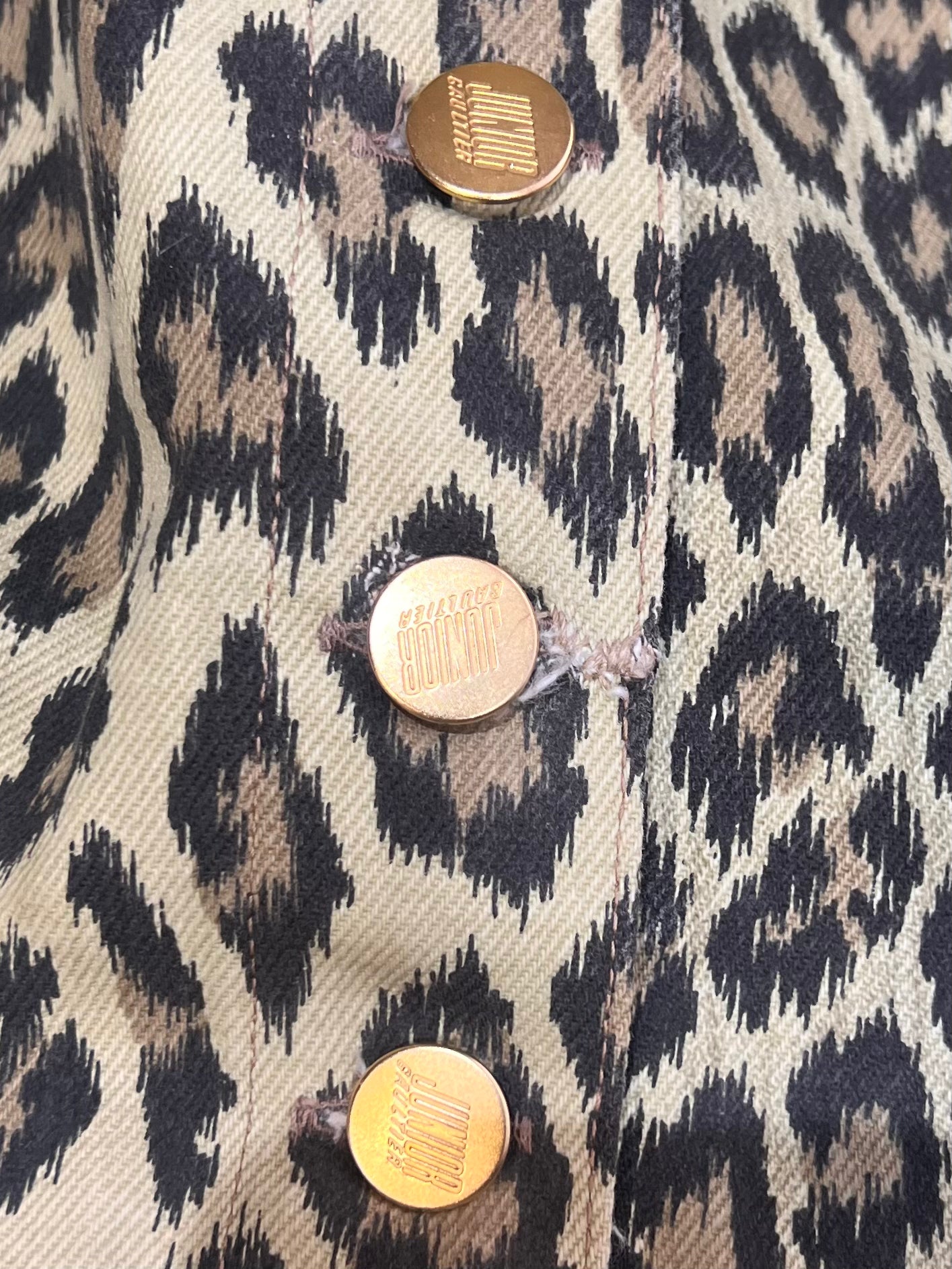 Jean Paul Gaultier S/S 1989 Leopard Print Denim Dress, buttonhole mending
