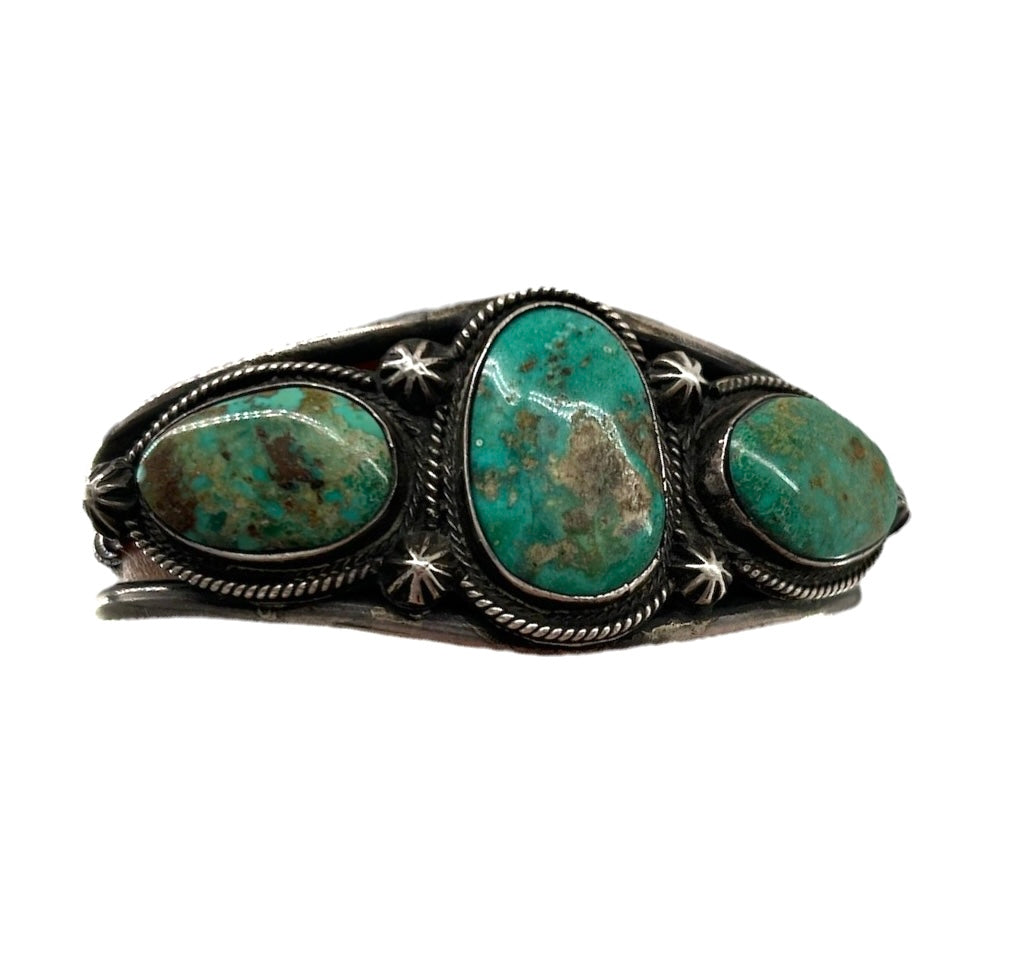 Navajo Three Stone Turquoise Cuff with Starburst Points ANGLE PHOTO 2 OF 5
