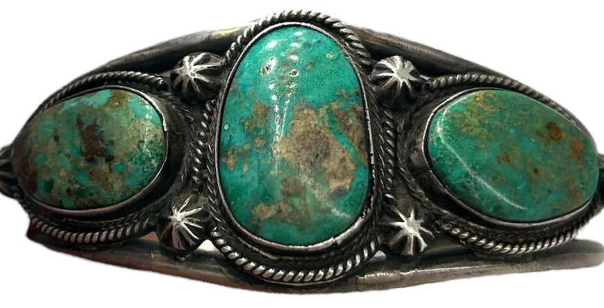 Navajo Three Stone Turquoise Cuff with Starburst Points FRONT BOTTOM PHOTO 4 OF 5