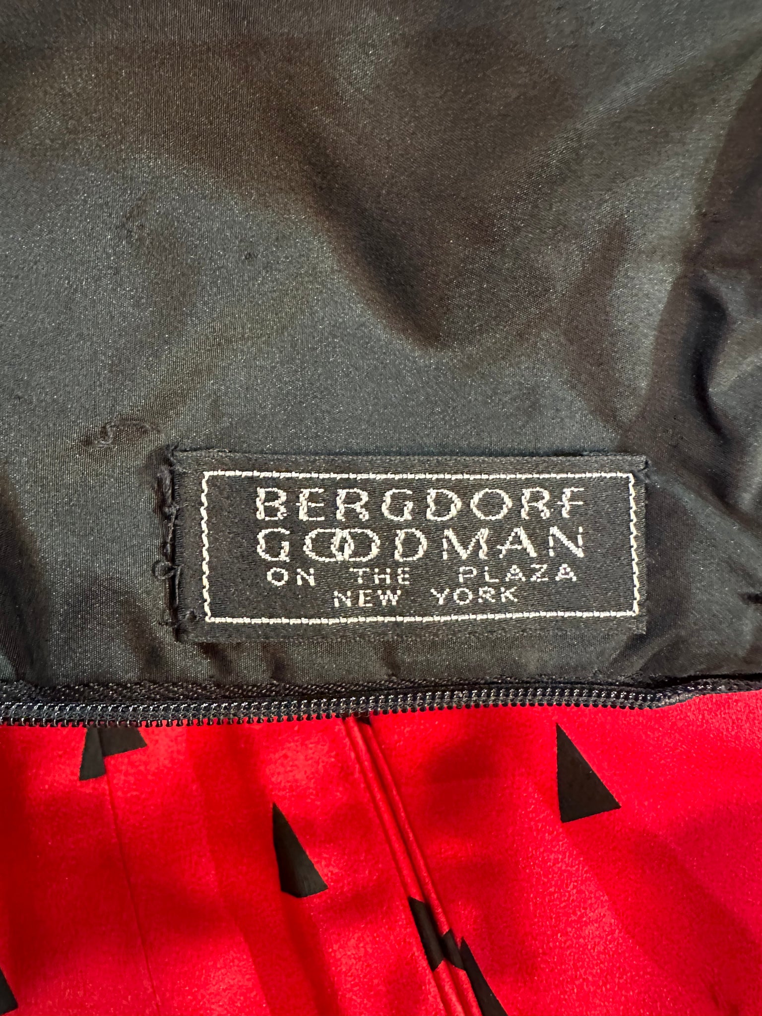 Geoffrey Beene 80s Red Satin and Black Sequin Tea Length Gown, label