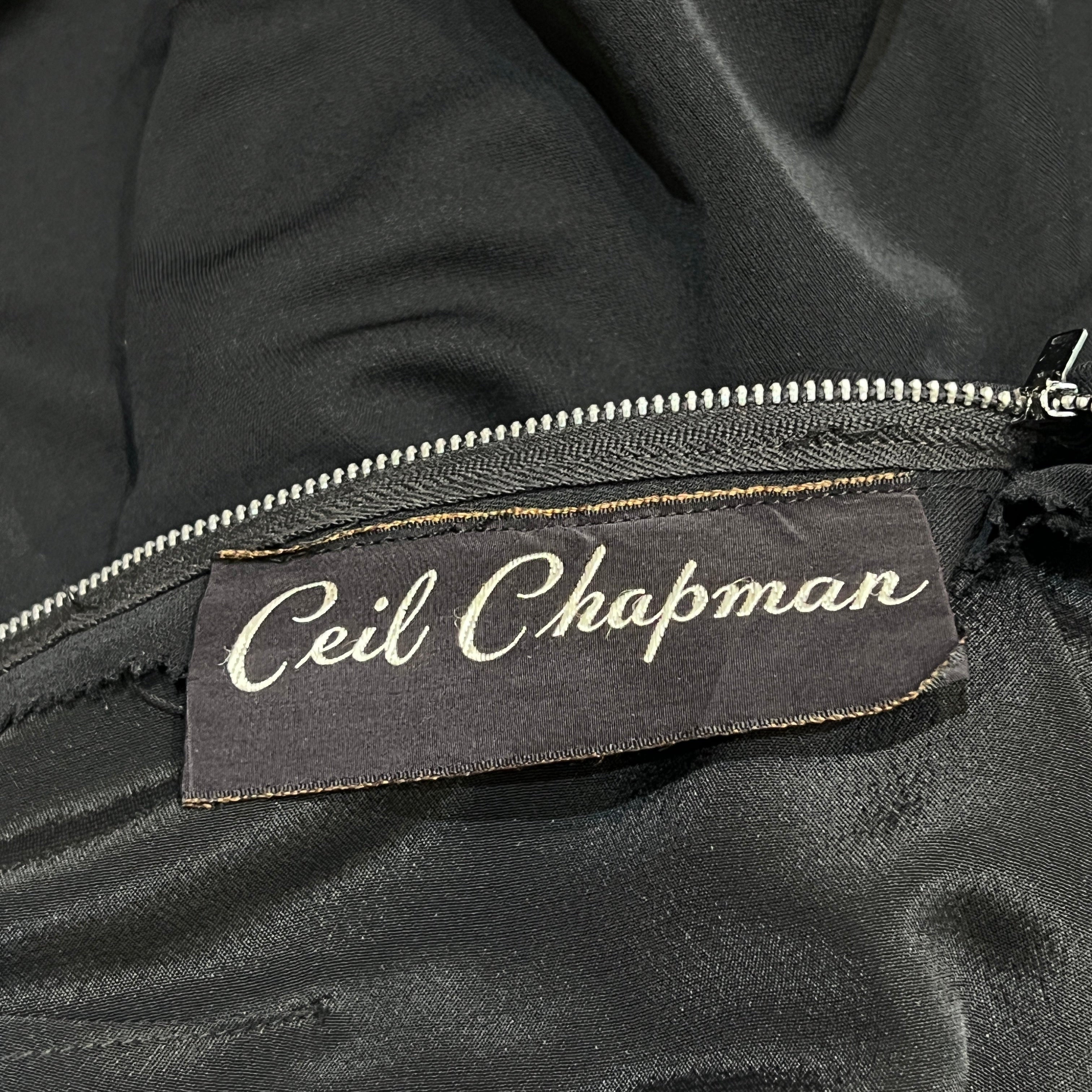 Ceil Chapman 1953 Black Shirred Sleeved Evening Dress, Vogue Documented, label