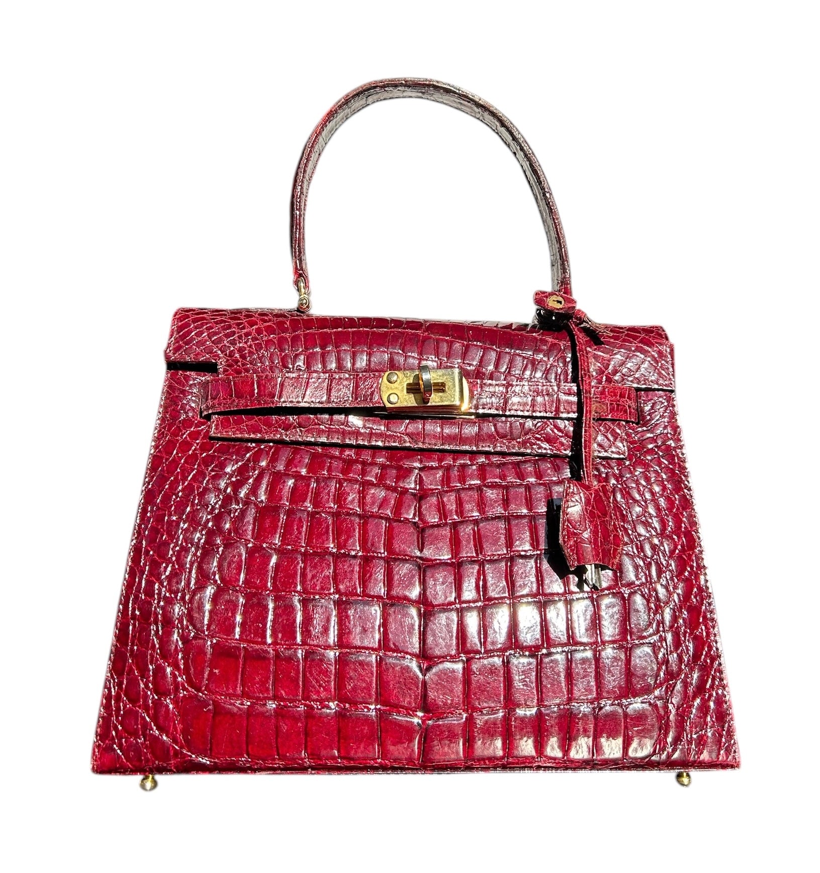 Deep Red Classic A-Frame Crocodile Handbag with Locket FRONT SUNLIGHT 1 OF 14