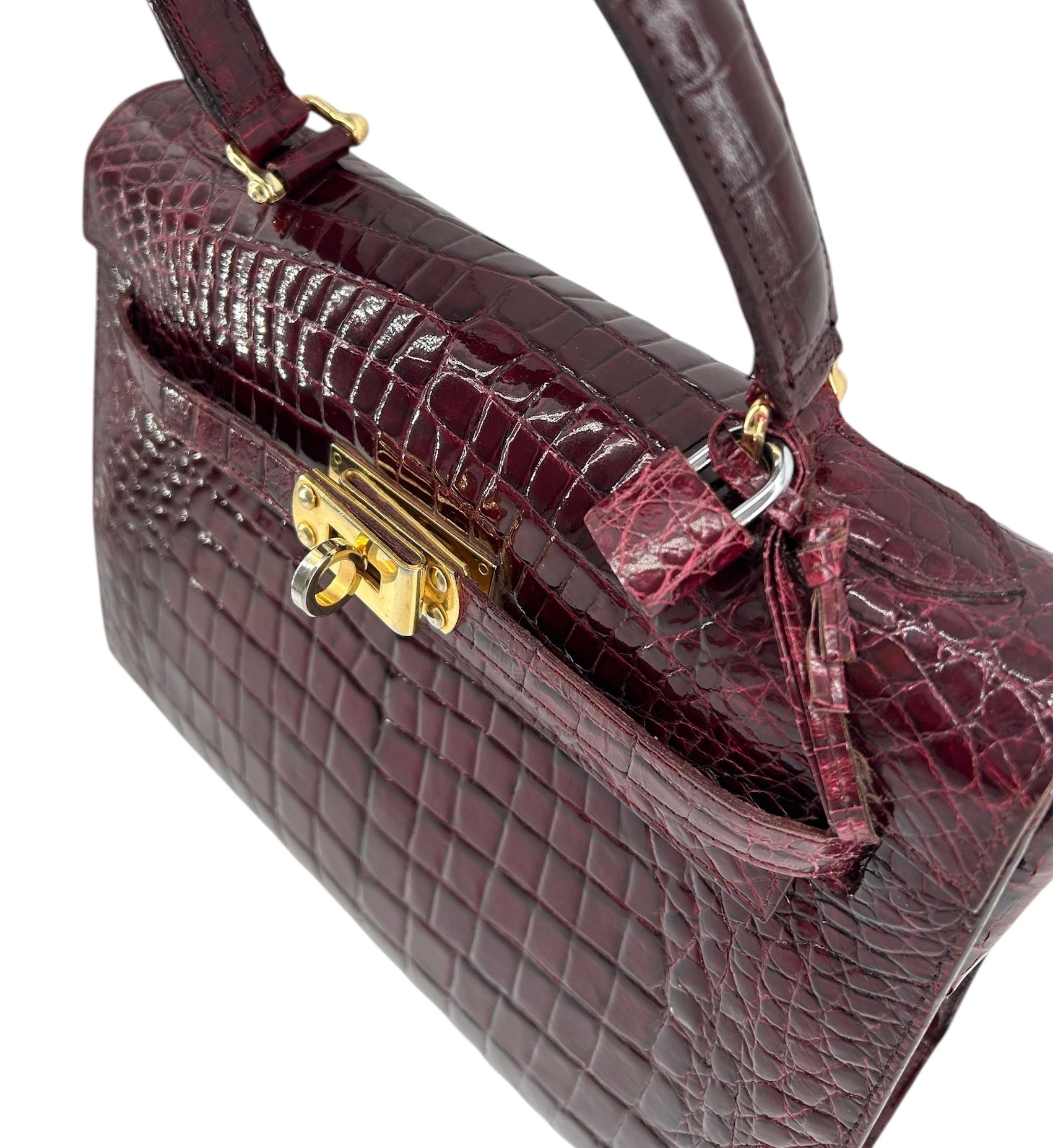 Deep Red Classic A-Frame Crocodile Handbag with Locket TOP OF BAG PHOTO 8 OF 14