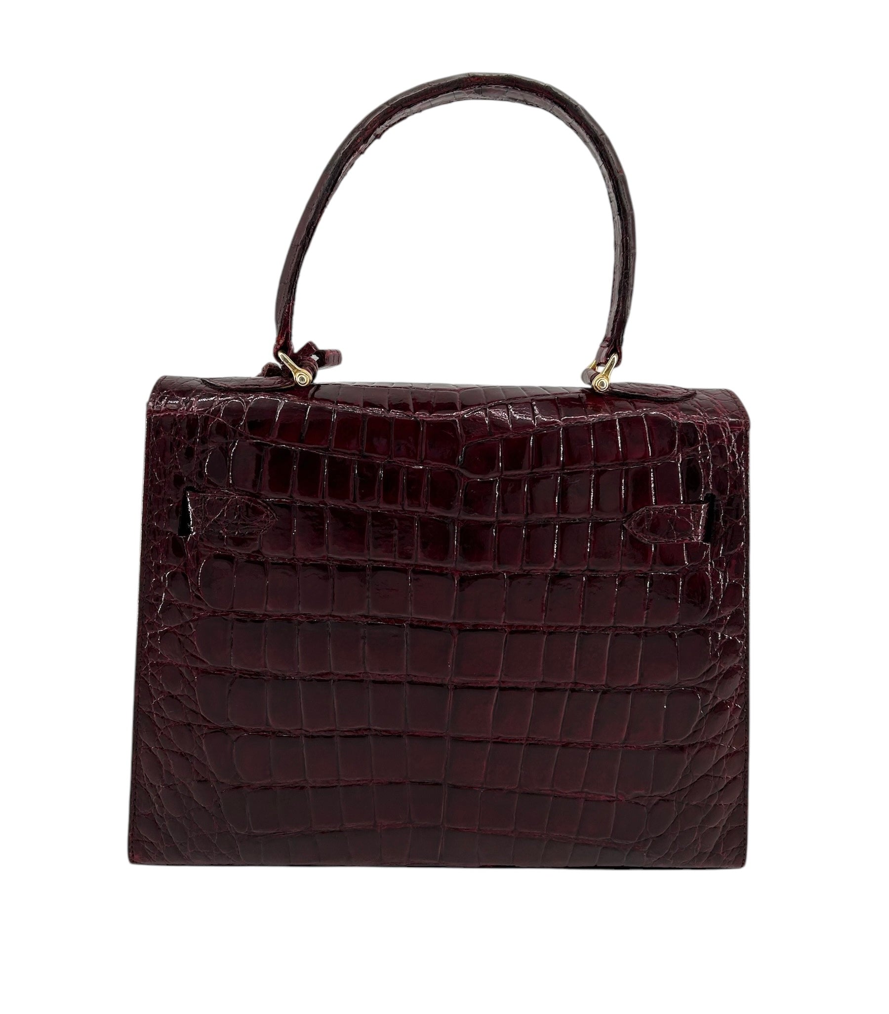 Deep Red Classic A-Frame Crocodile Handbag with Locket BACK OF BAG INDOOR LIGHT PHOTO 7 OF 14