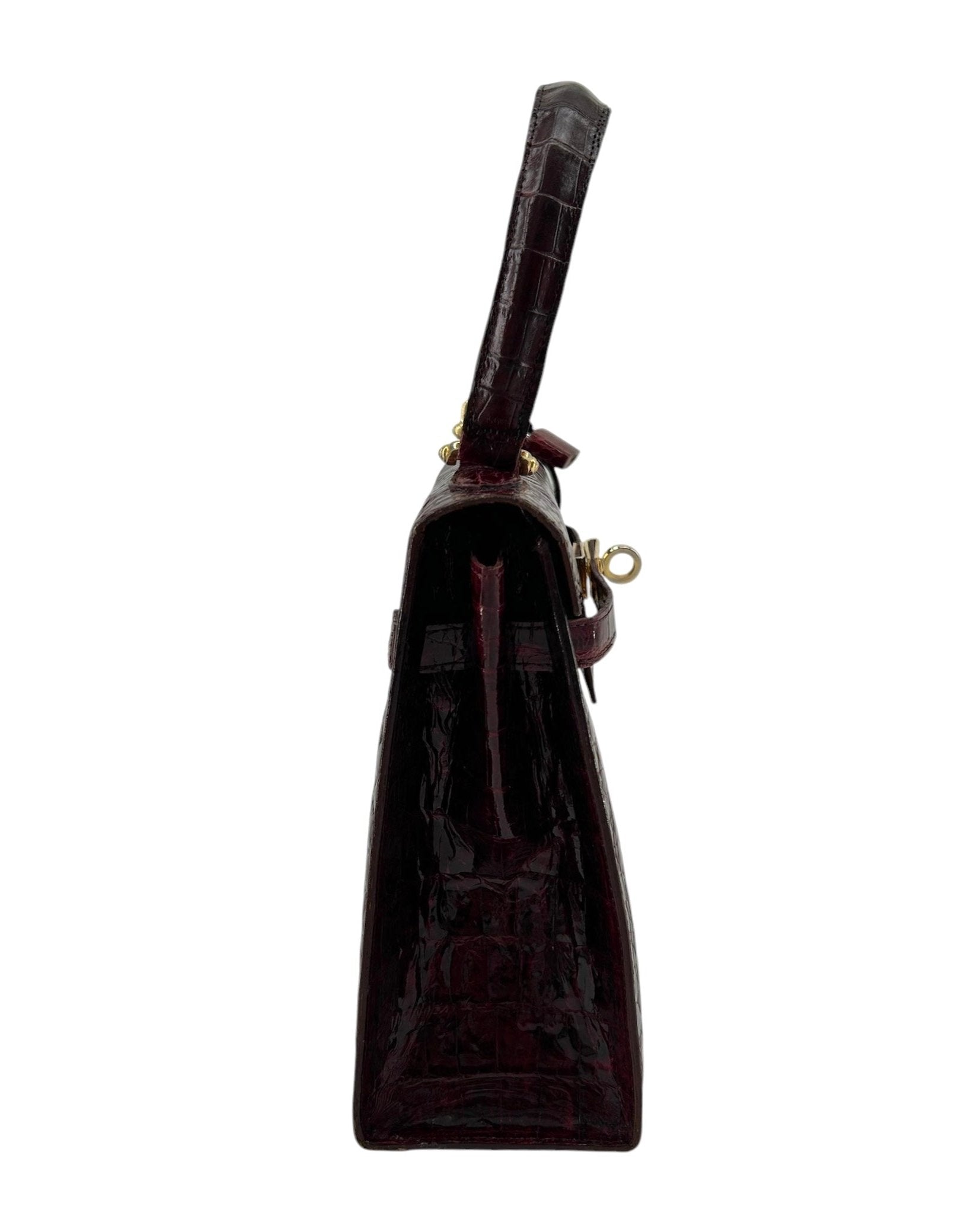 Deep Red Classic A-Frame Crocodile Handbag with Locket LEFT SIDE INDOOR LIGHT PHOTO 9 OF 14