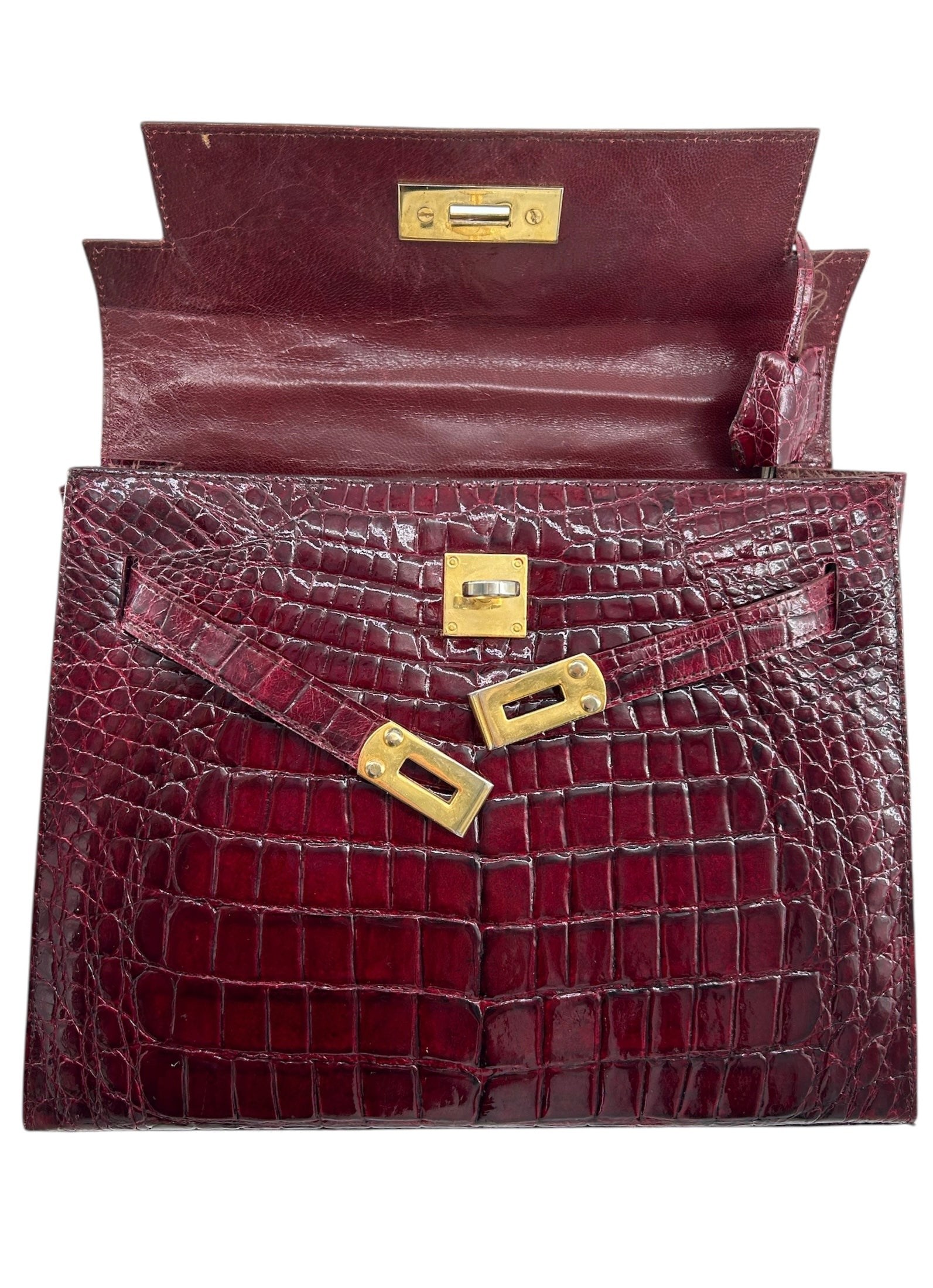 Deep Red Classic A-Frame Crocodile Handbag with Locket INDOOR LIGHT PHOTO 5 OF 14