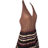 Christian Dior Boutique S/S 1994 Gianfranco Ferre Chocolate Brown Striped Macrame Halter Neck Gown