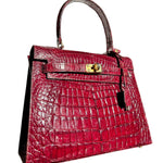 Deep Red Classic A-Frame Crocodile Handbag with Locket PROFILE SUNLIGHT 2 OF 14