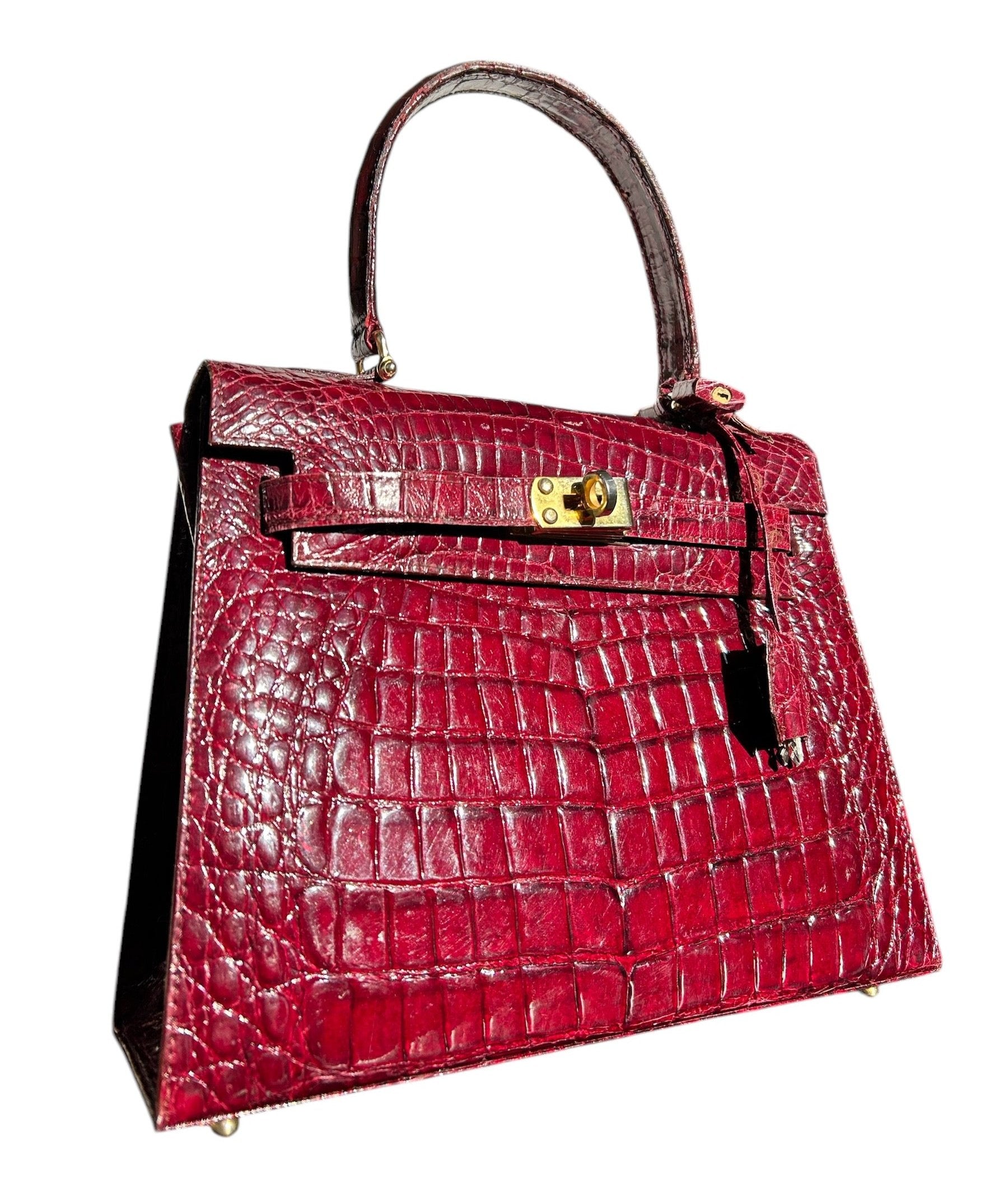 Deep Red Classic A-Frame Crocodile Handbag with Locket PROFILE SUNLIGHT 2 OF 14