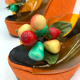 The Wonder Wedge by Bonnie Smith for Kimel '70s Orange Woven Fruit Bunch Wedge Platform Sandals, fruit