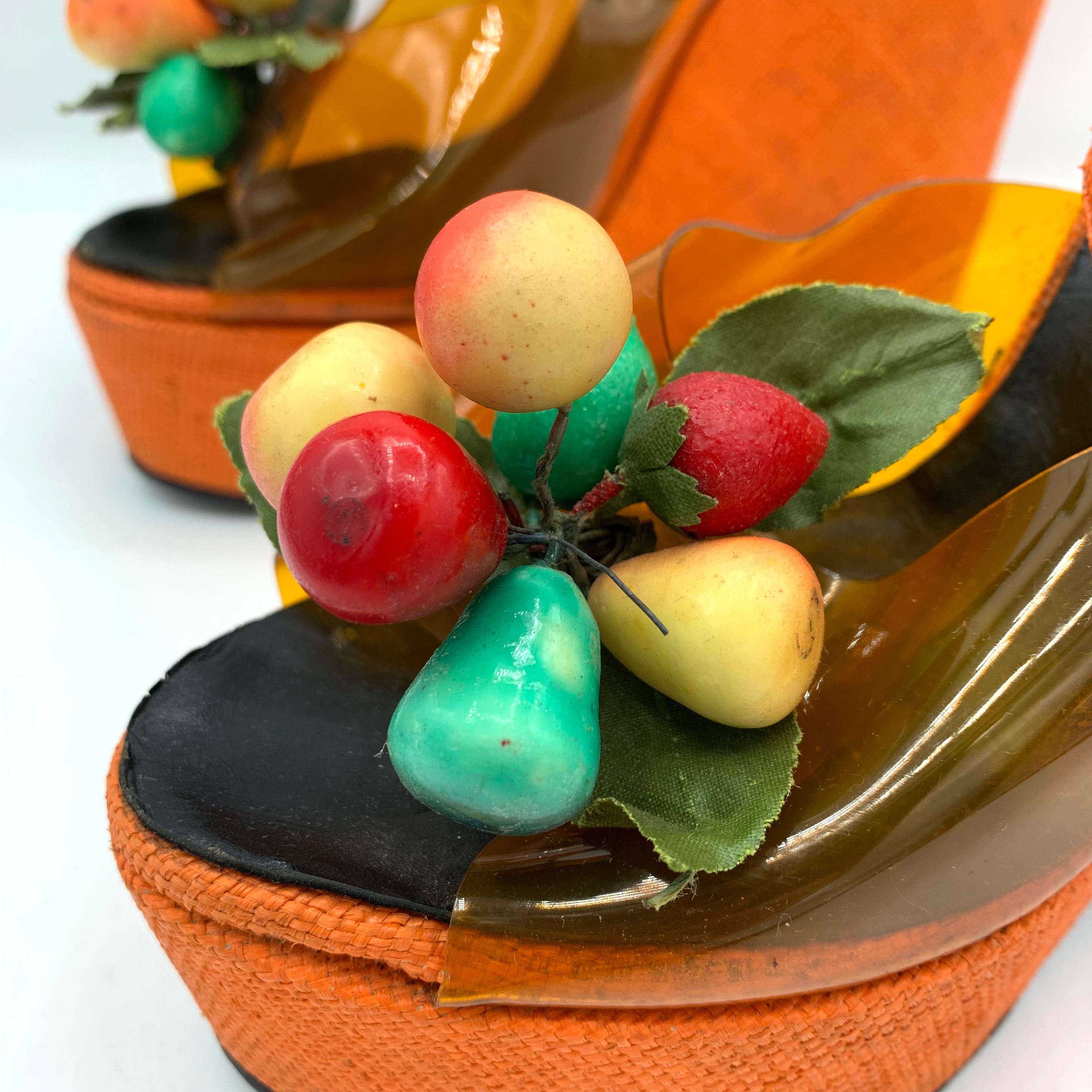 The Wonder Wedge by Bonnie Smith for Kimel '70s Orange Woven Fruit Bunch Wedge Platform Sandals, fruit