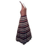 Christian Dior Boutique S/S 1994 Gianfranco Ferre Chocolate Brown Striped Macrame Halter Neck Gown
