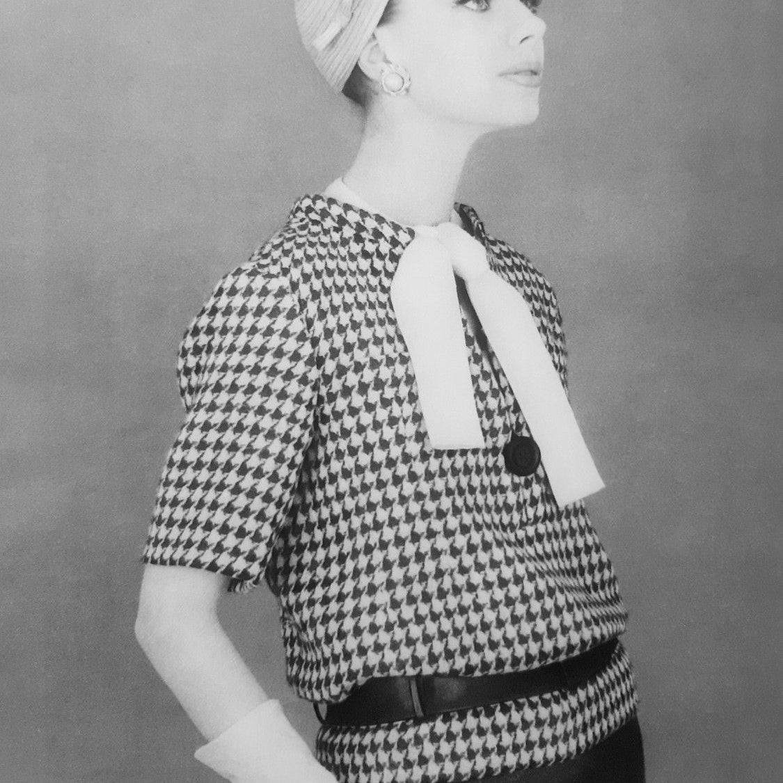 Christian Dior by Marc Bohan S/S 1962 Haute Couture Houndstooth Wool Dress with Belt ARCHIVE PHOTO 2 OF 7