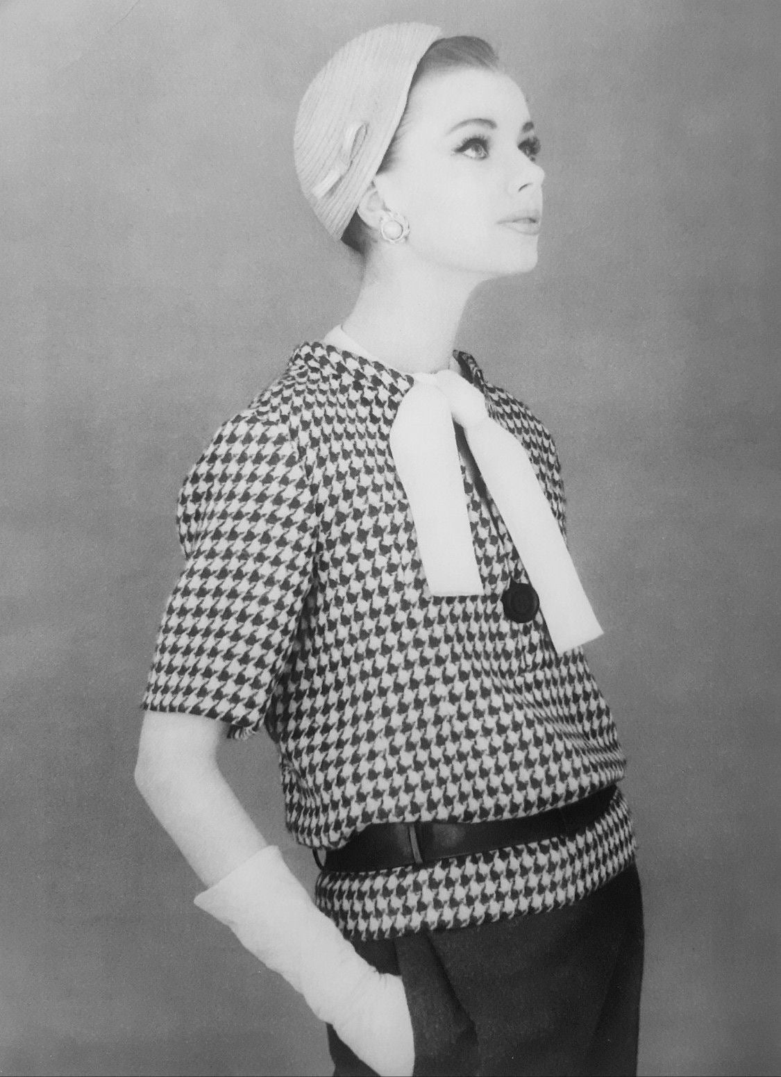 Christian Dior by Marc Bohan S/S 1962 Haute Couture Houndstooth Wool Dress with Belt ARCHIVE PHOTO 2 OF 7