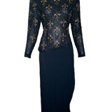 Bob Mackie 1990s Fleur de Lys Beaded Long Sleeve Cocktail Gown